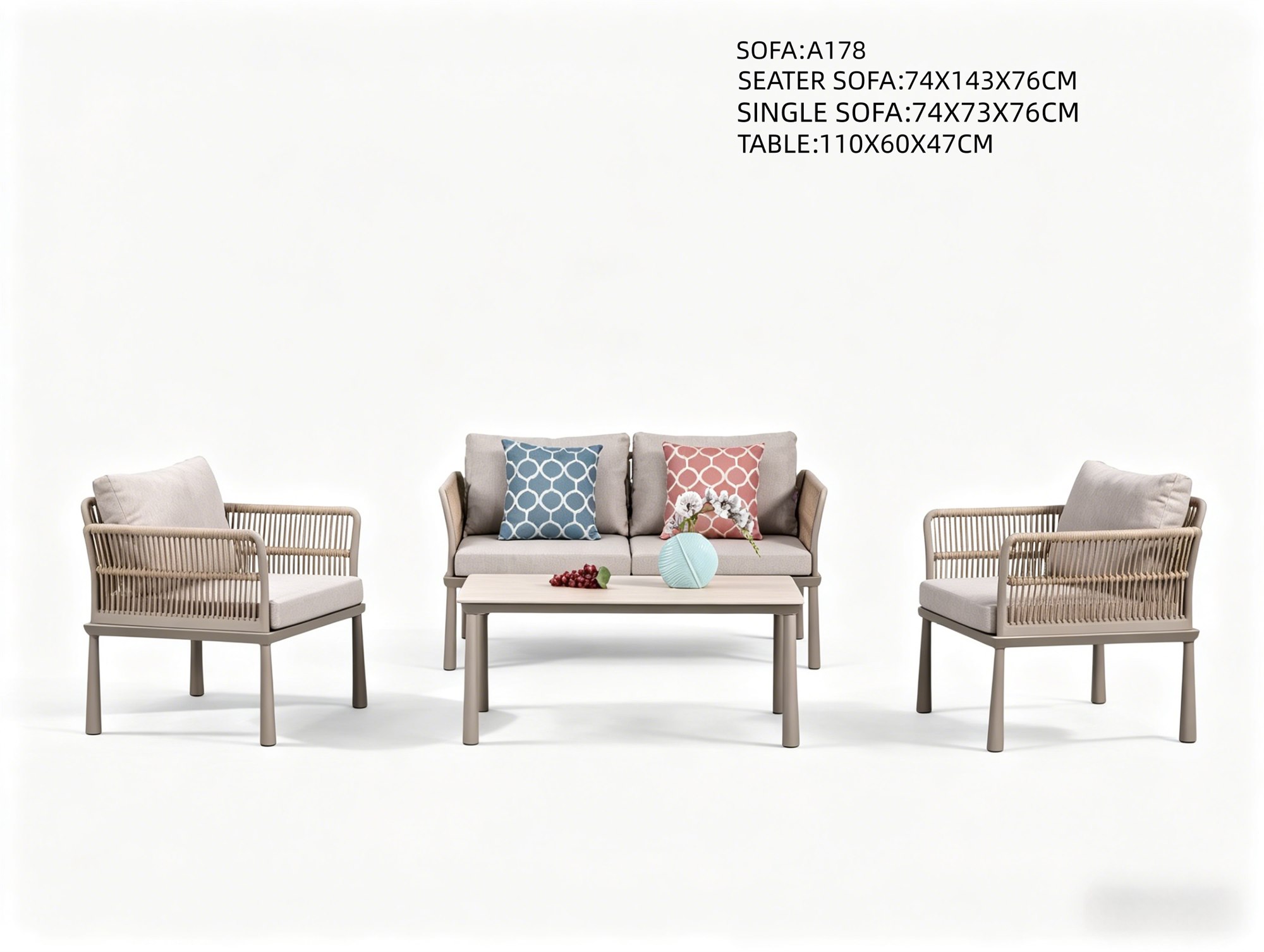 R-003 A178 Aluminum Rope Sofa Set Gray