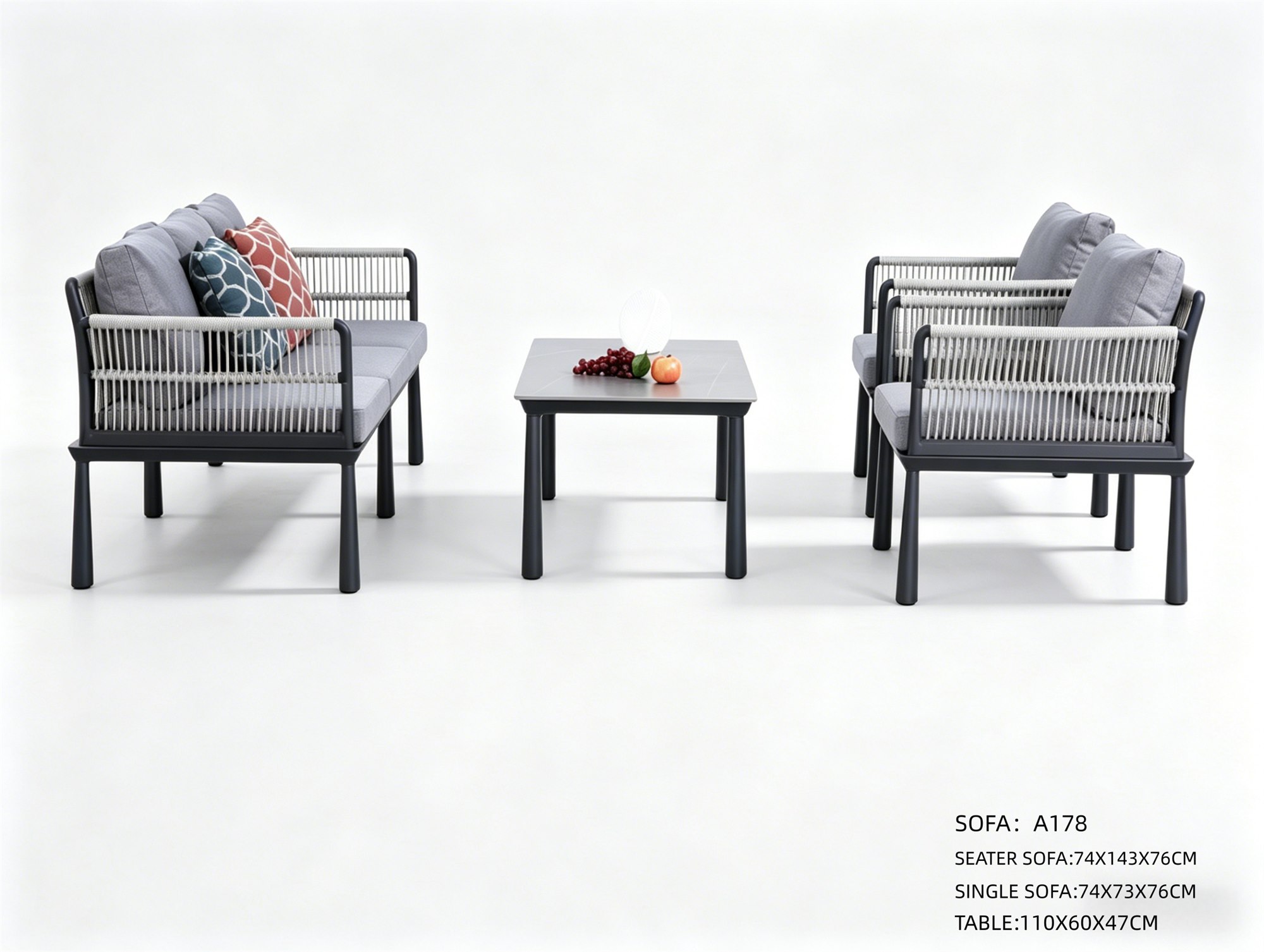 R-004 A178 Aluminum Rope Sofa Set Dark Gray