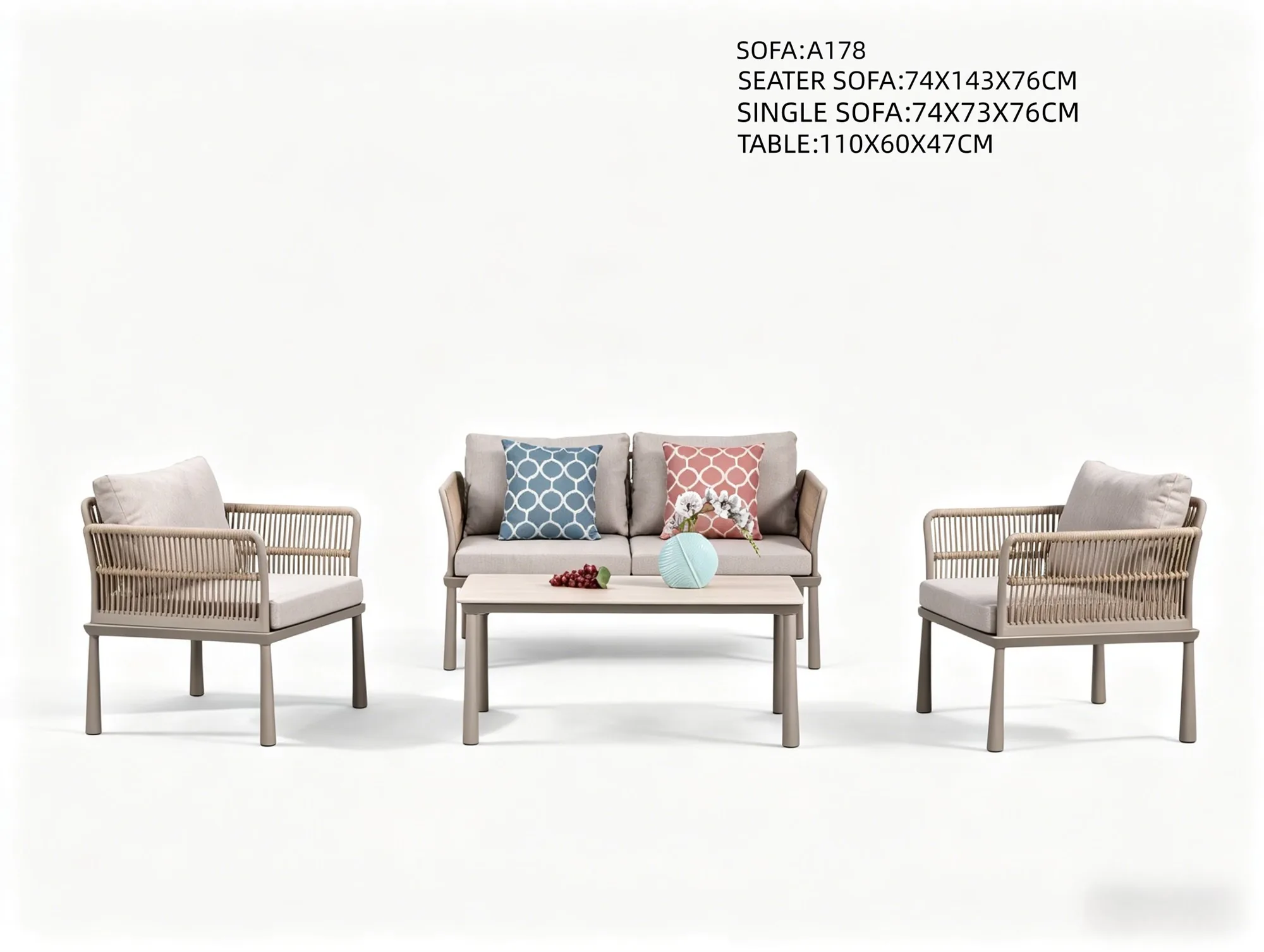 R-003 A178 Aluminum Rope Sofa Set Gray