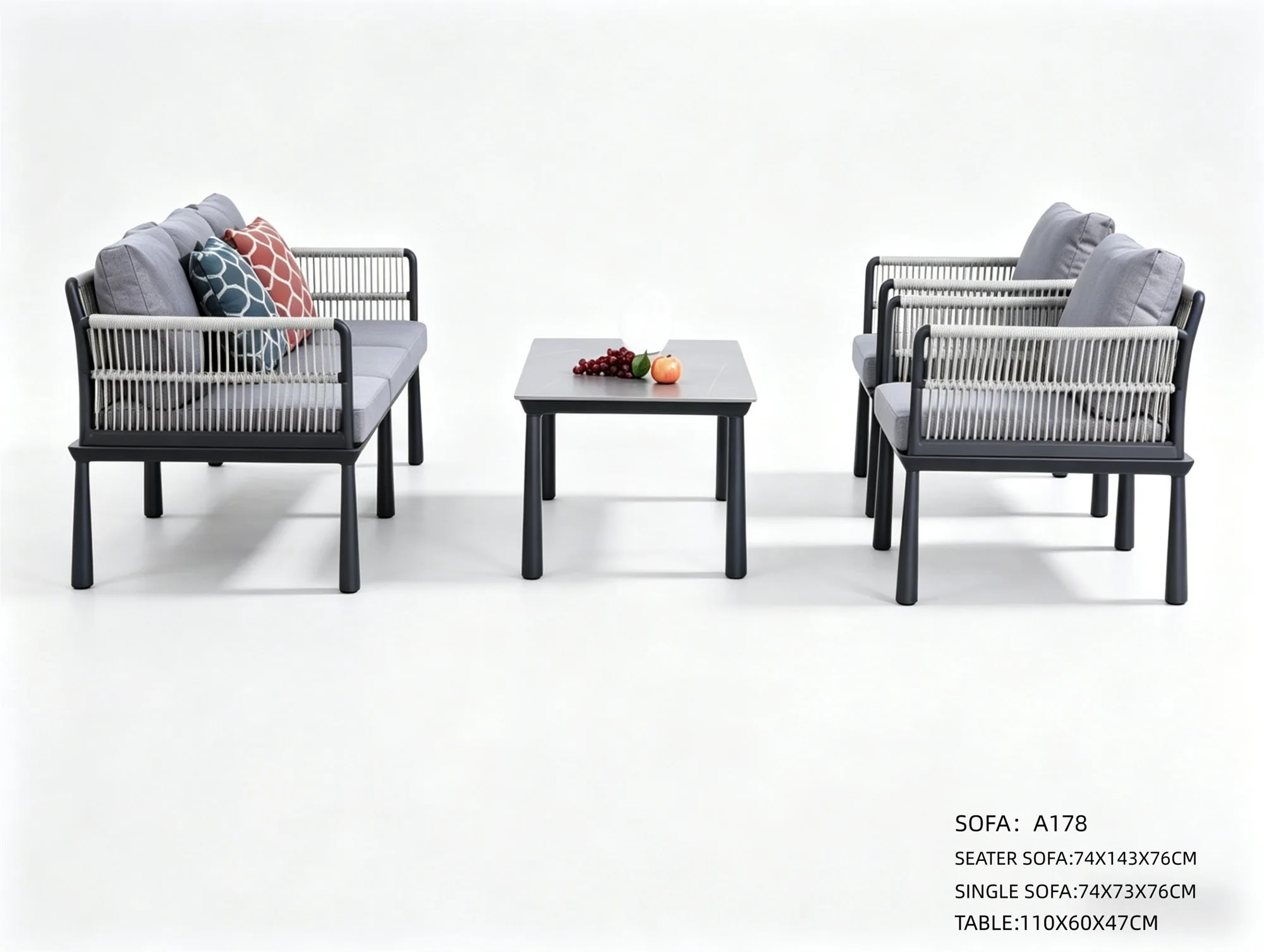R-004 A178 Aluminum Rope Sofa Set Dark Gray