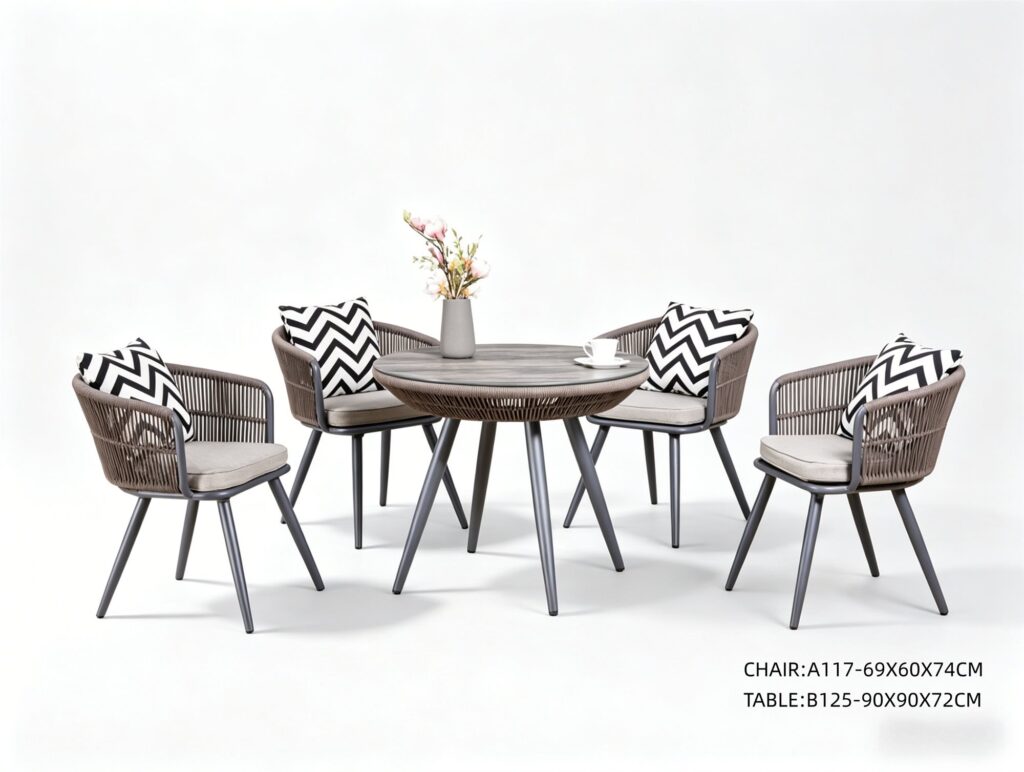 R-021 A117 5-Piece Aluminum Rope Dining Set — Gray/Brown (4 chairs + round table)