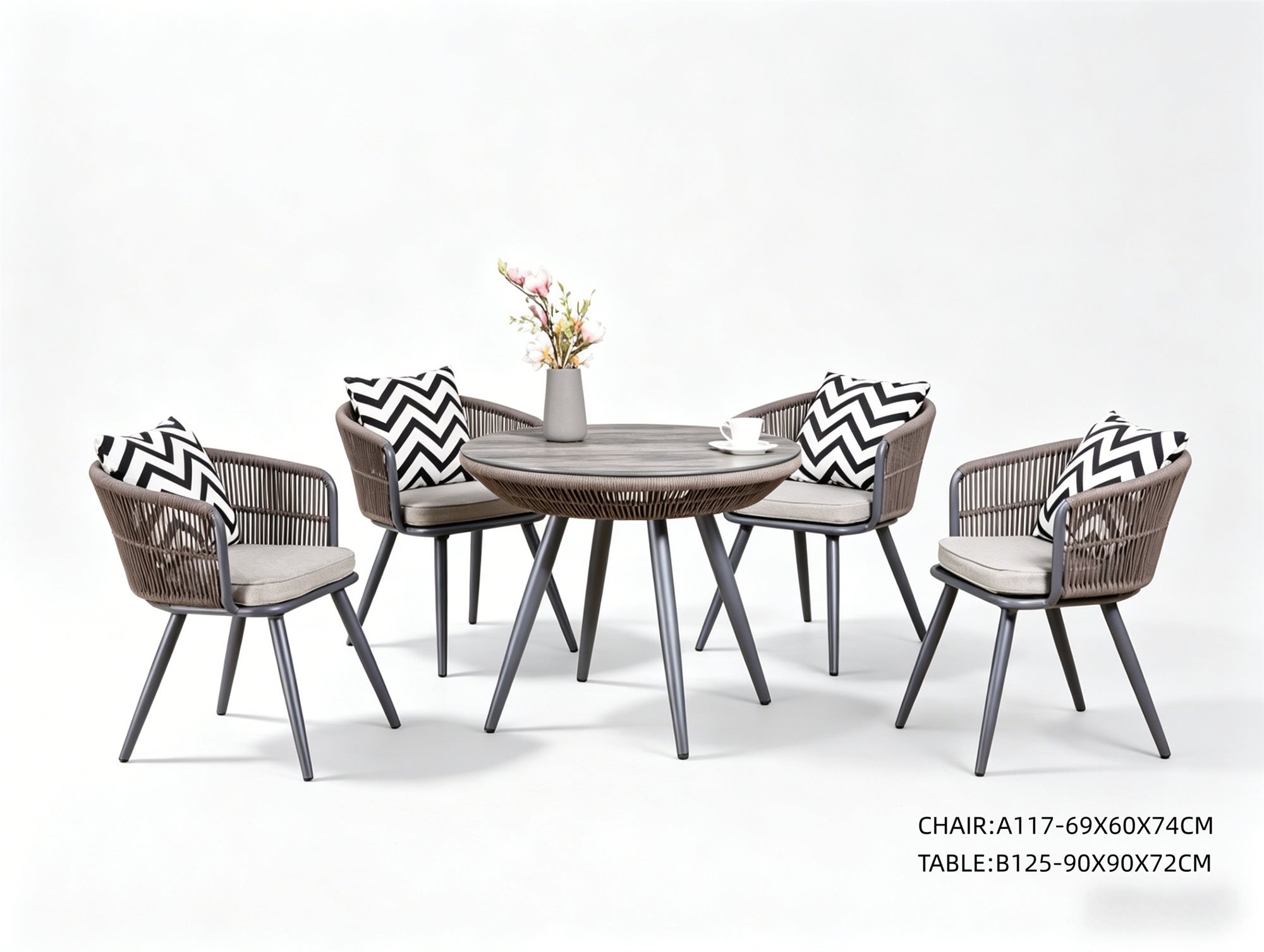 R-021 A117 5 قطع حبل ألومنيوم طقم طعام — رمادي/بني (4 chairs + round table)