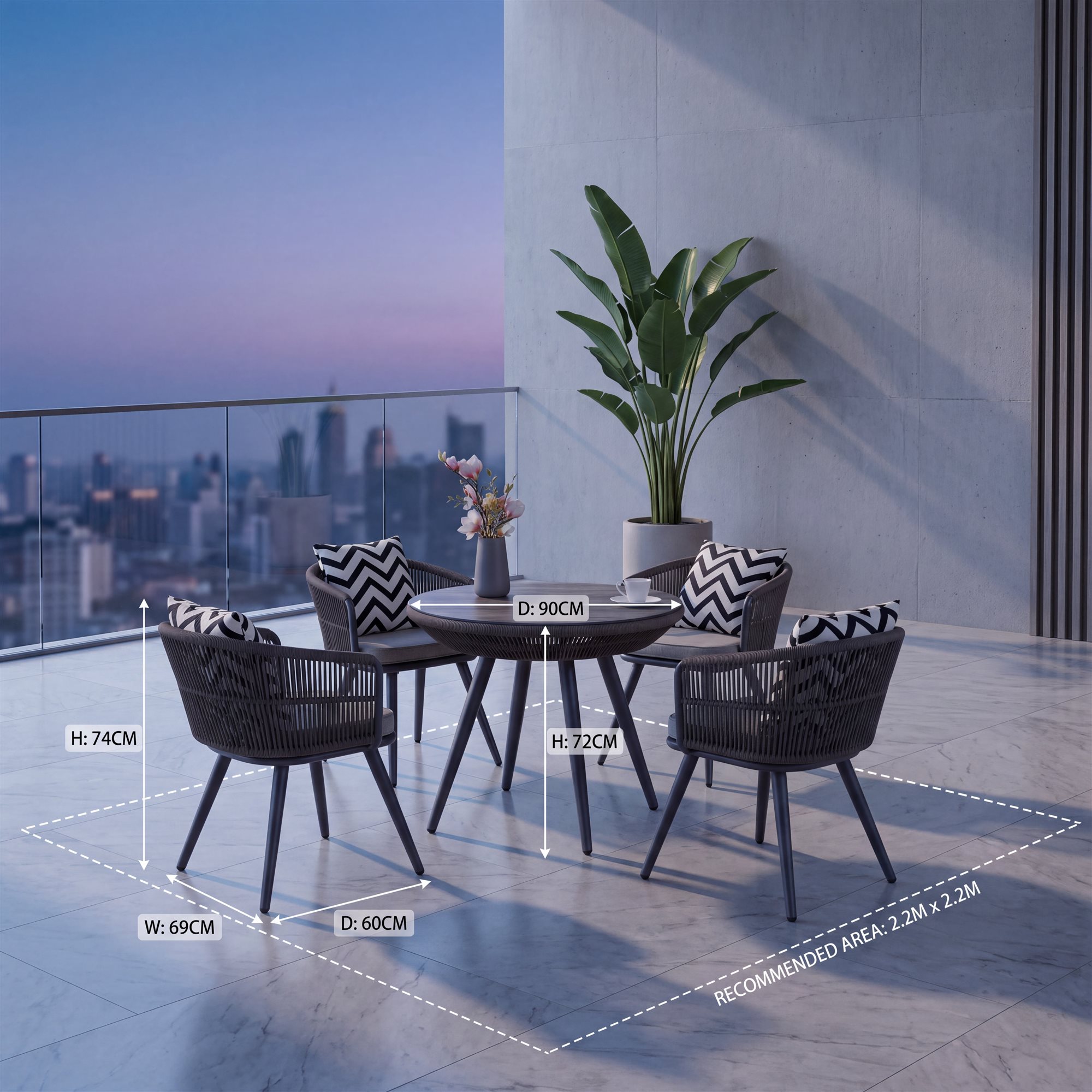 R-021 A117 5 قطع حبل ألومنيوم طقم طعام — رمادي/بني (4 chairs + round table) - الصورة 3
