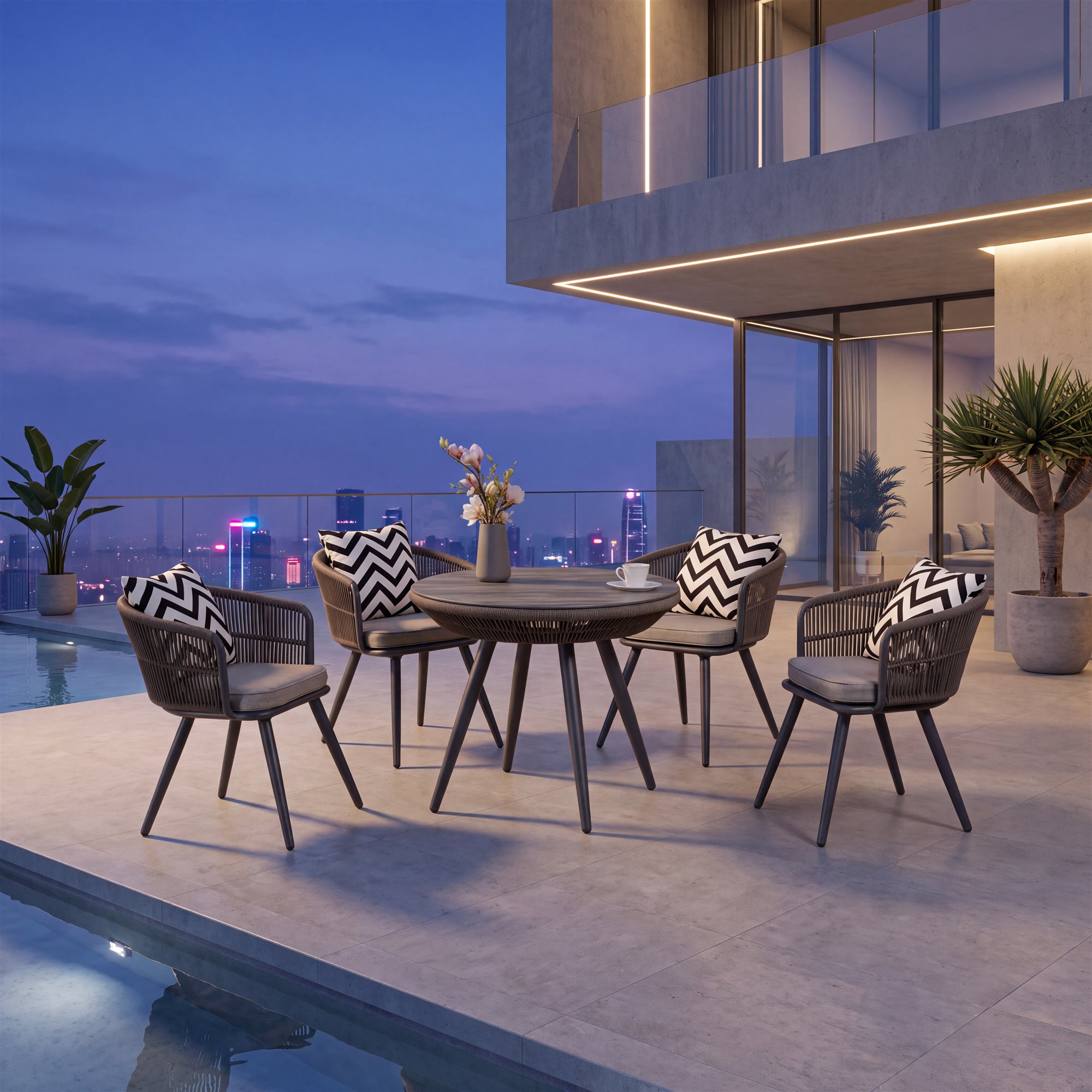 R-021 A117 5 قطع حبل ألومنيوم طقم طعام — رمادي/بني (4 chairs + round table) - الصورة 4