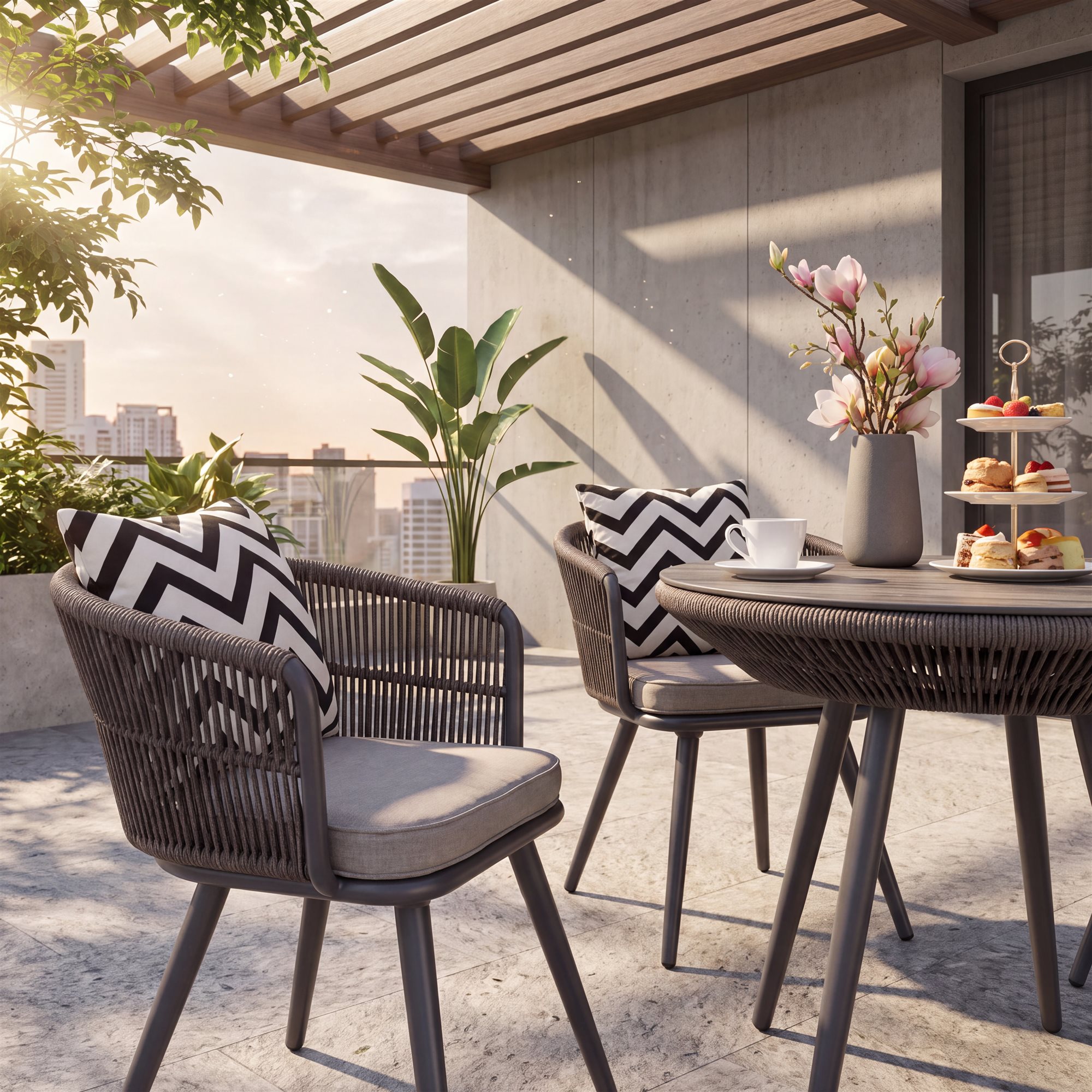 R-021 A117 5 قطع حبل ألومنيوم طقم طعام — رمادي/بني (4 chairs + round table) - الصورة 5