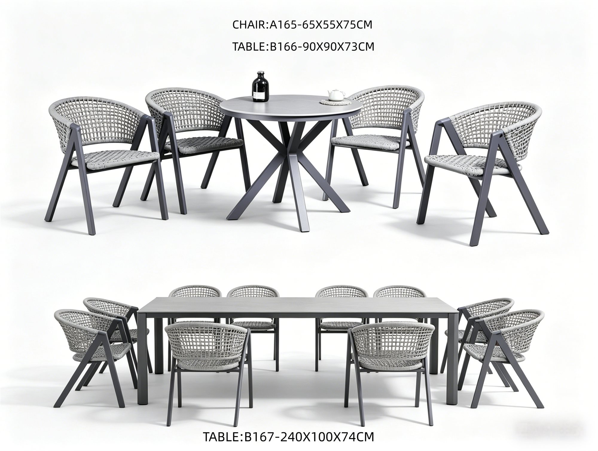 R-022 A165 5 قطع حبل ألومنيوم طقم طعام — رمادي فاتح (4 chairs + round table)