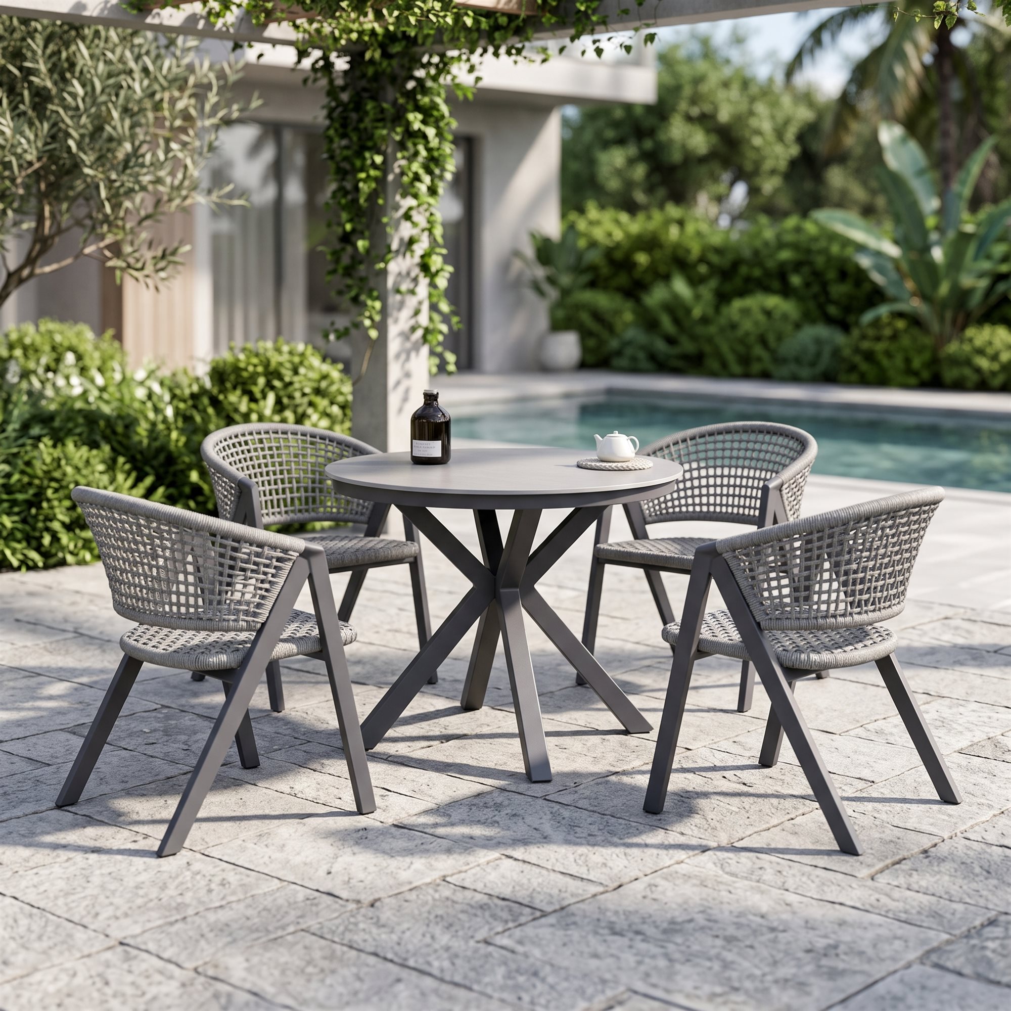 R-022 A165 5 قطع حبل ألومنيوم طقم طعام — رمادي فاتح (4 chairs + round table) - الصورة 9