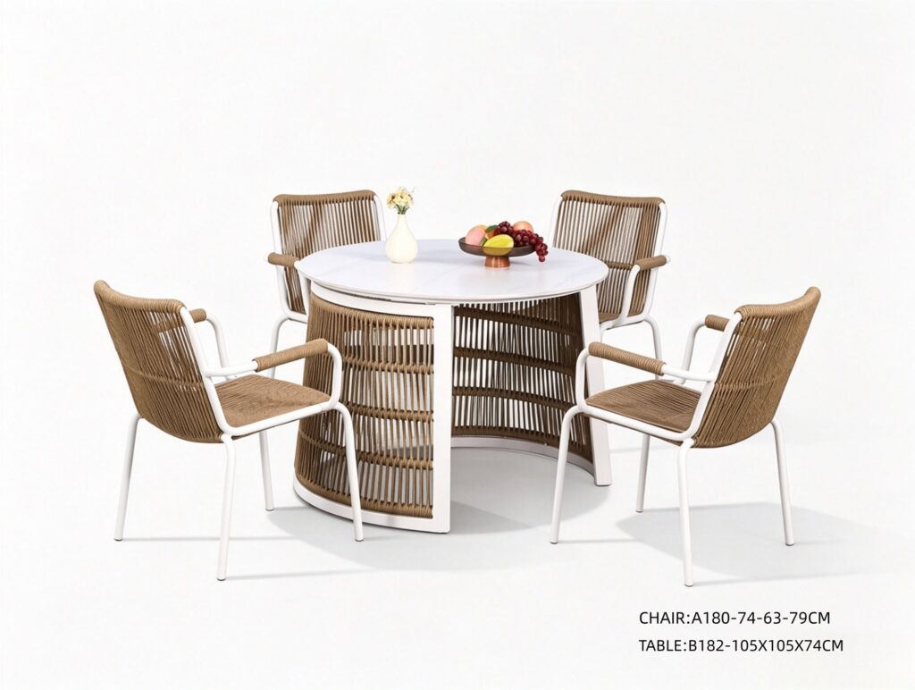 R-023 A180 5-Piece Aluminum Rope Dining Set — White/Natural (4 armchairs + round storage table)