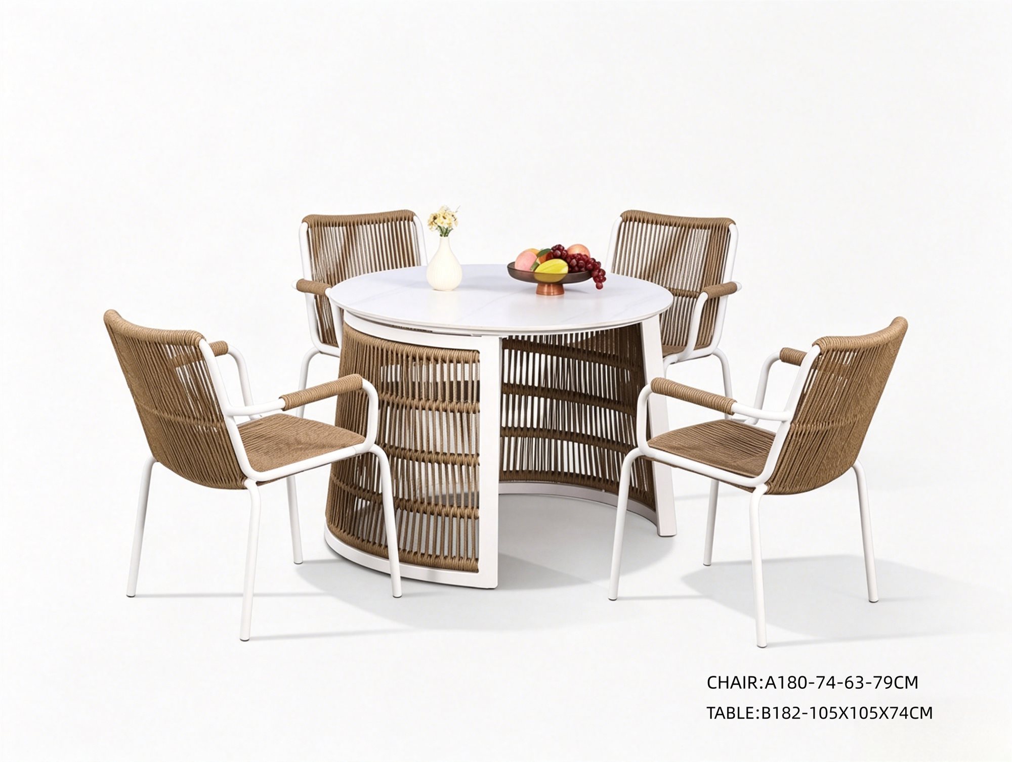 R-023 A180 5-Piece Aluminum Rope Dining Set — White/Natural (4 armchairs + round storage table)