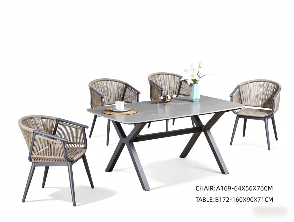 R-024 A169 5 قطع حبل ألومنيوم طقم طعام — Dark Gray/Beige (4 chairs + rectangular table)