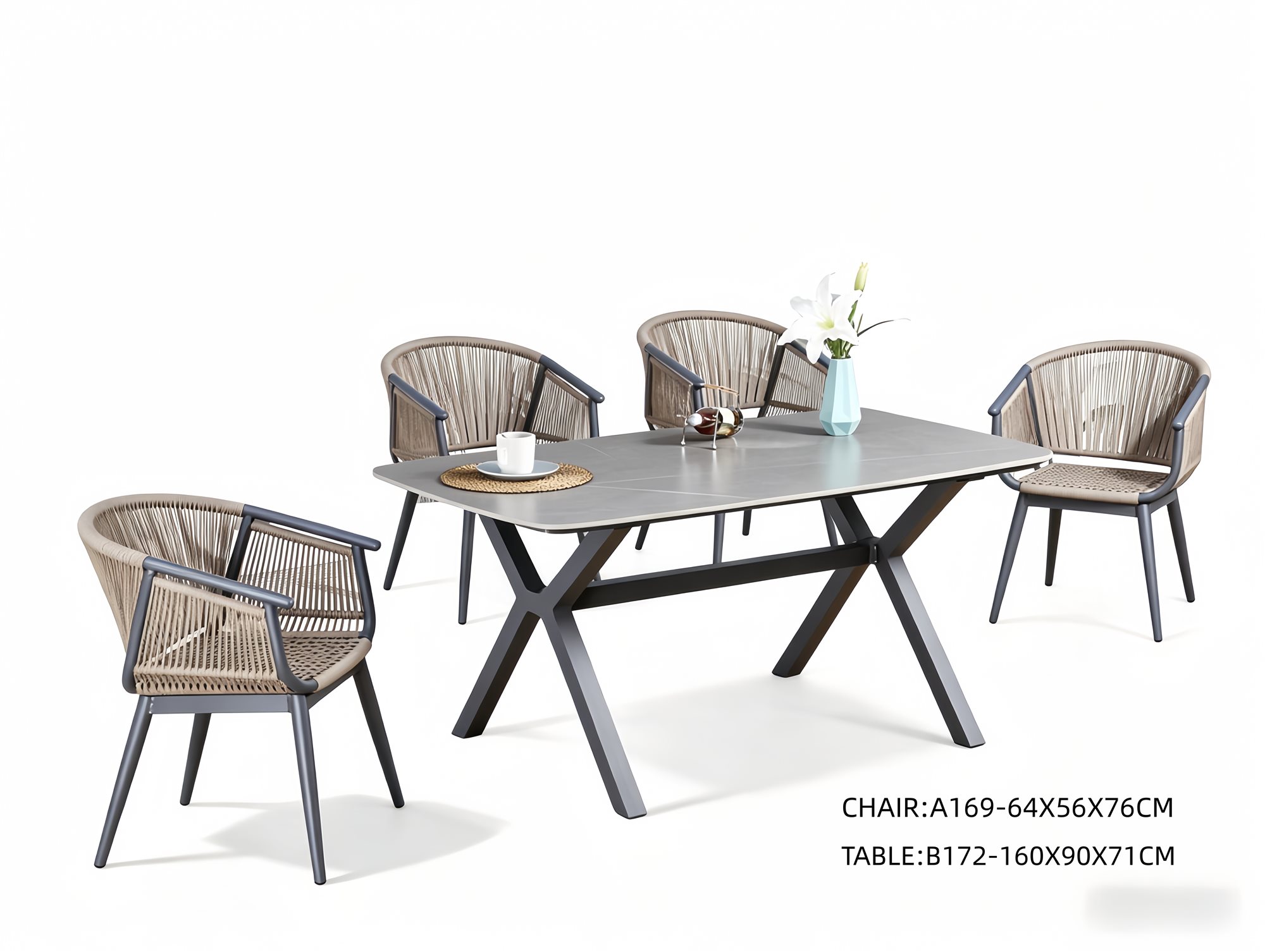 R-024 A169 5-Piece Aluminum Rope Dining Set — Dark Gray/Beige (4 chairs + rectangular table)