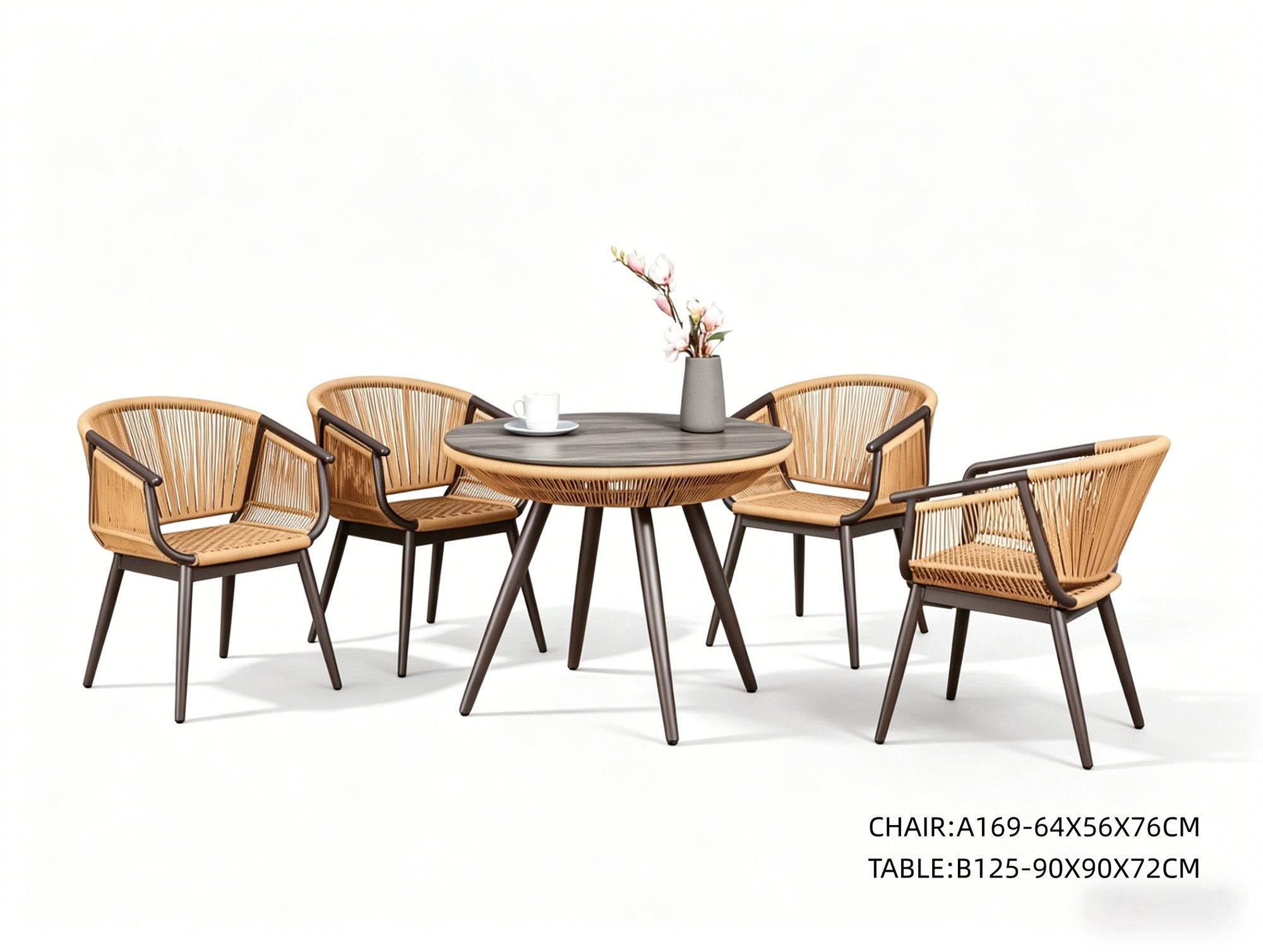 R-025 A169 5-Piece Aluminum Rope Dining Set — Dark Brown/Tan (4 armchairs + round table)
