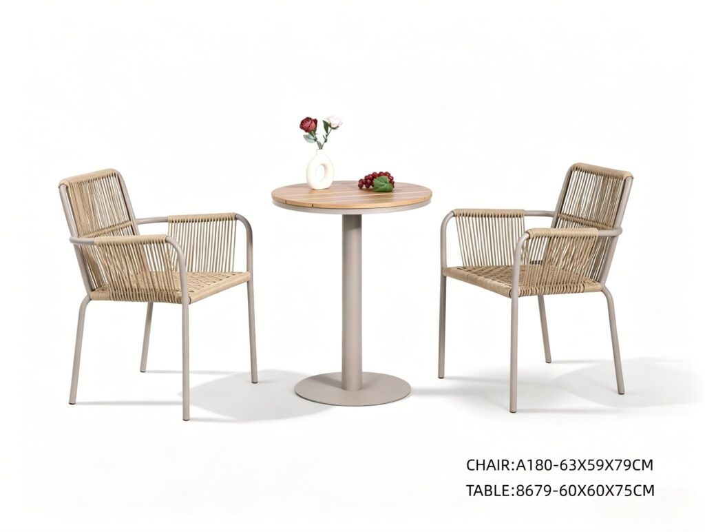 R-026 A180 3 قطع حبل ألومنيوم طقم بيسترو — Taupe/Natural (2 chairs + pedestal side table)