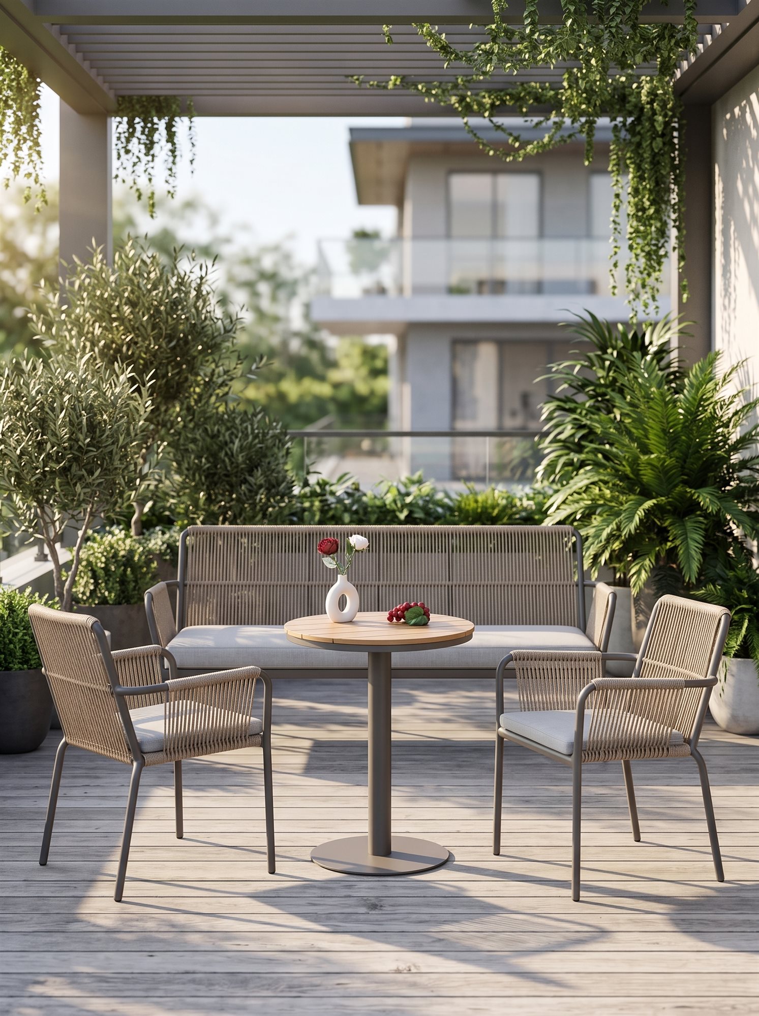 R-026 A180 3 قطع حبل ألومنيوم طقم بيسترو — Taupe/Natural (2 chairs + pedestal side table) - الصورة 2