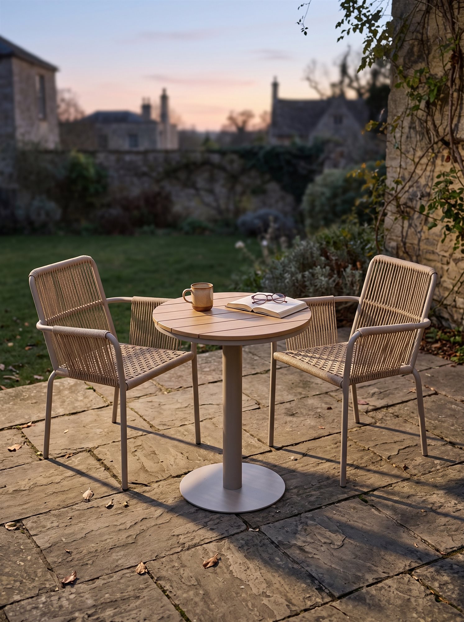 R-026 A180 3 قطع حبل ألومنيوم طقم بيسترو — Taupe/Natural (2 chairs + pedestal side table) - الصورة 5