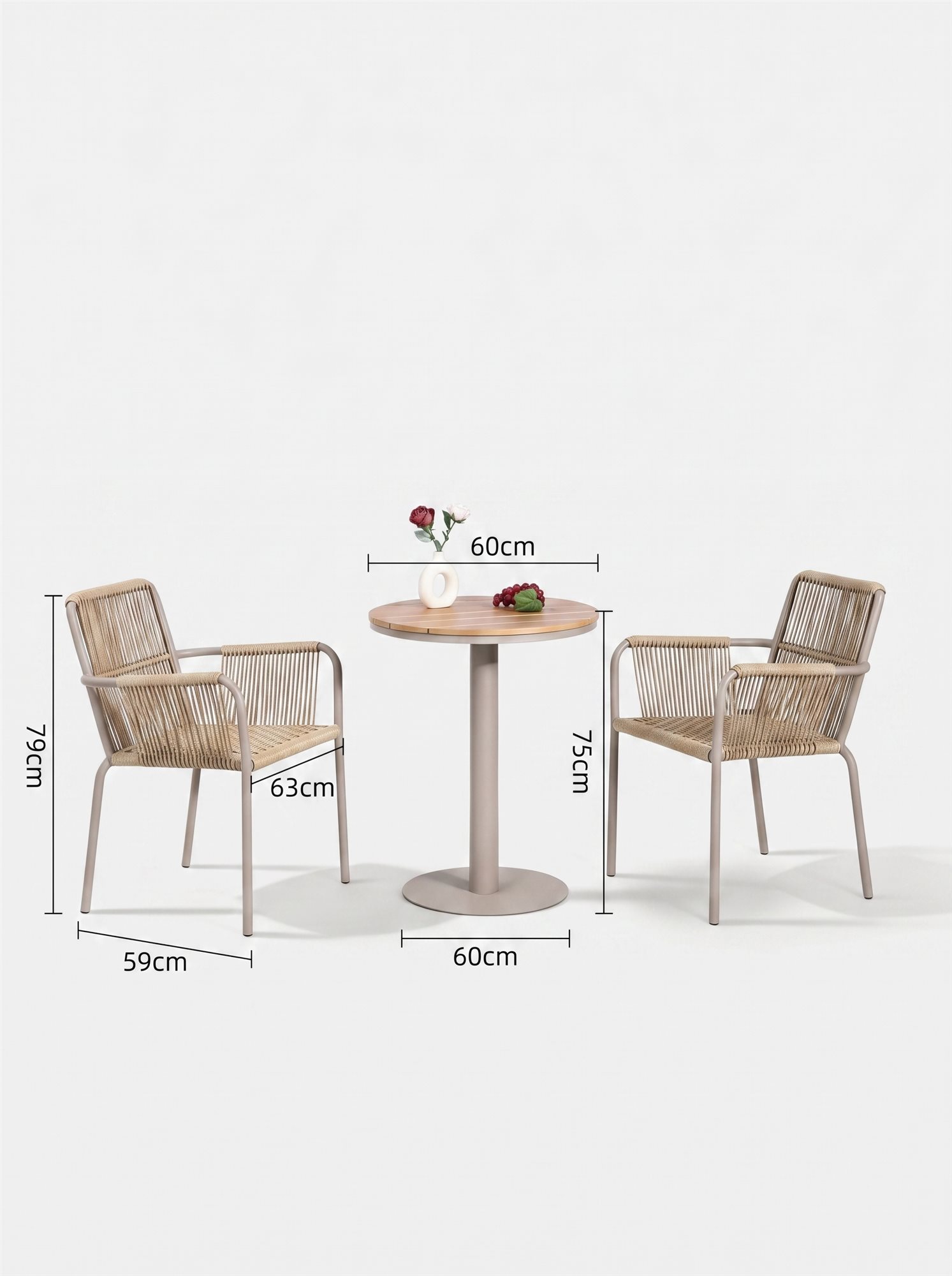 R-026 A180 3 قطع حبل ألومنيوم طقم بيسترو — Taupe/Natural (2 chairs + pedestal side table) - الصورة 6