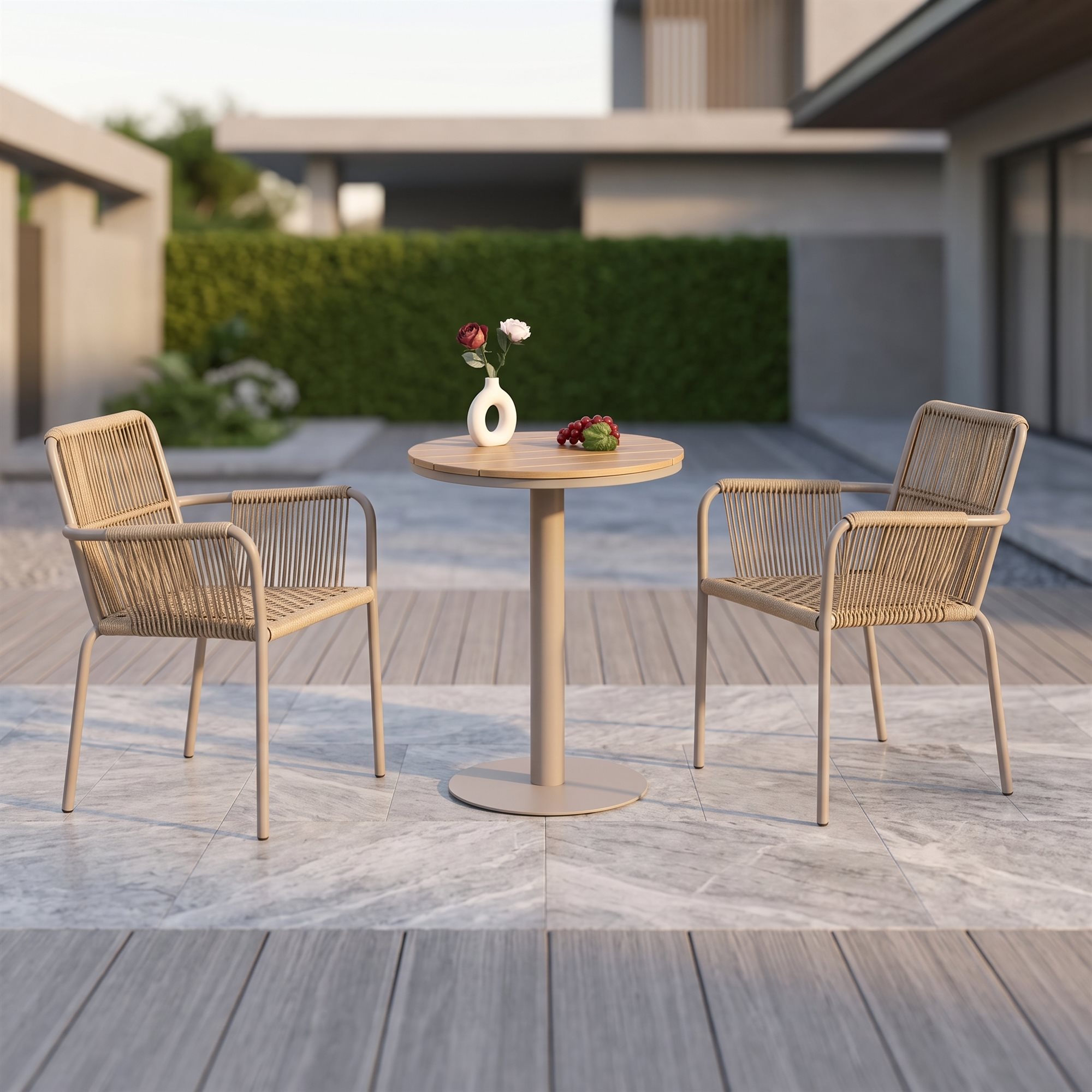 R-026 A180 3 قطع حبل ألومنيوم طقم بيسترو — Taupe/Natural (2 chairs + pedestal side table) - الصورة 7