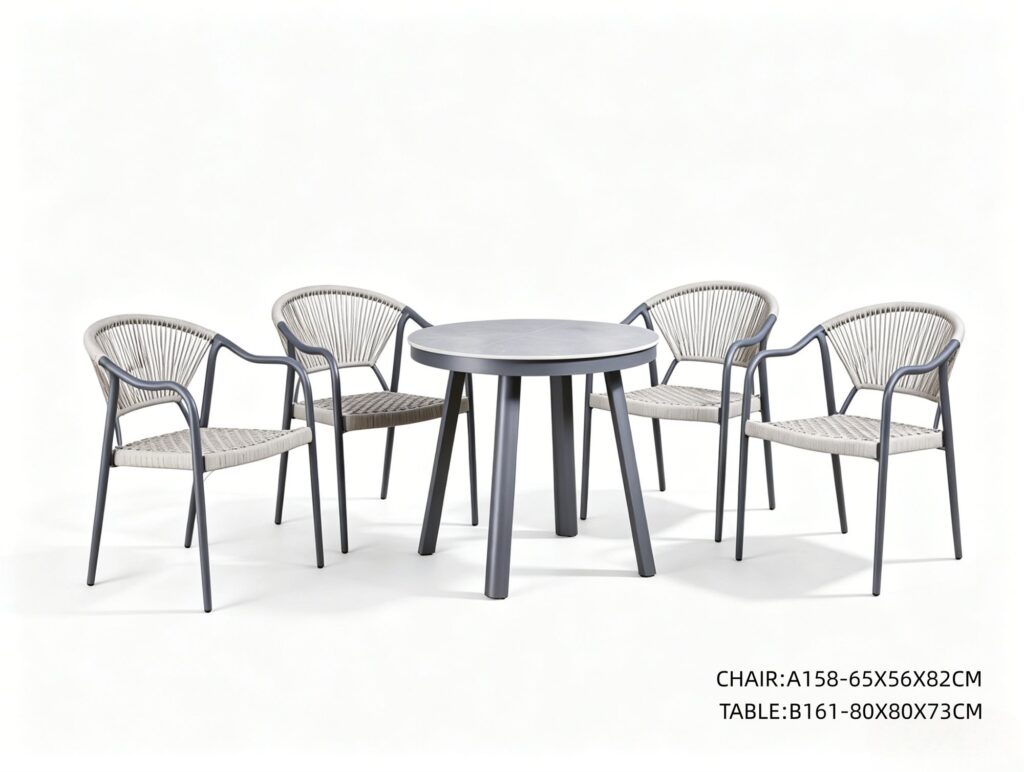 R-027 A158 3-Piece Aluminum Rope Bistro Set — Dark Gray/Light Gray (2 chairs + round table)