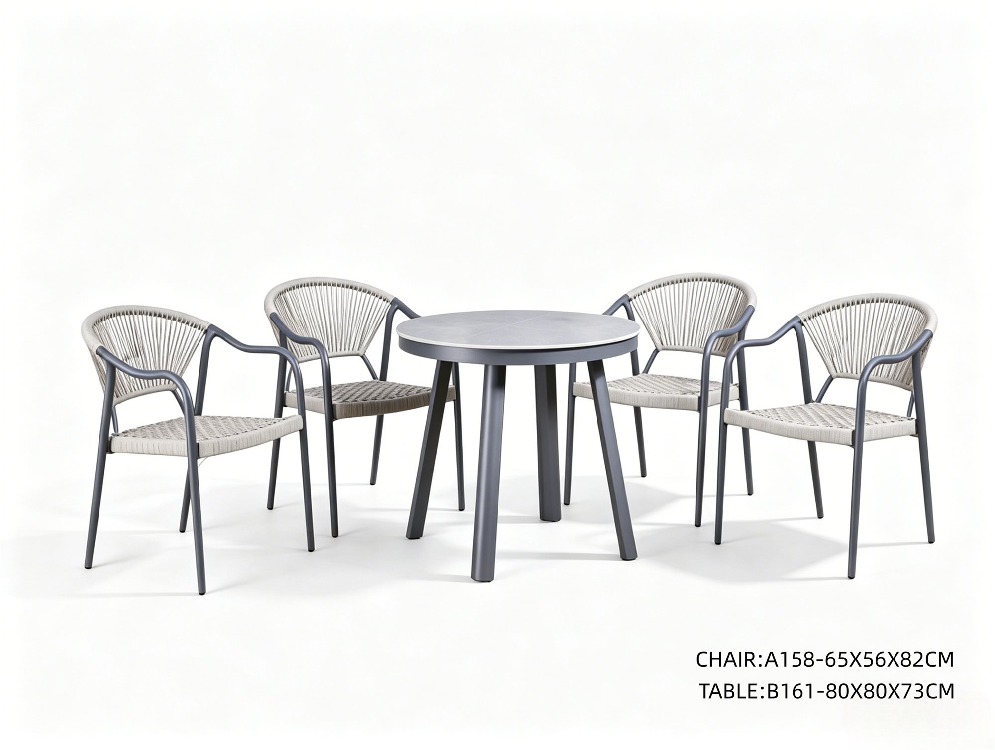 R-027 A158 3 قطع حبل ألومنيوم طقم بيسترو — رمادي داكن/رمادي فاتح (2 chairs + round table)