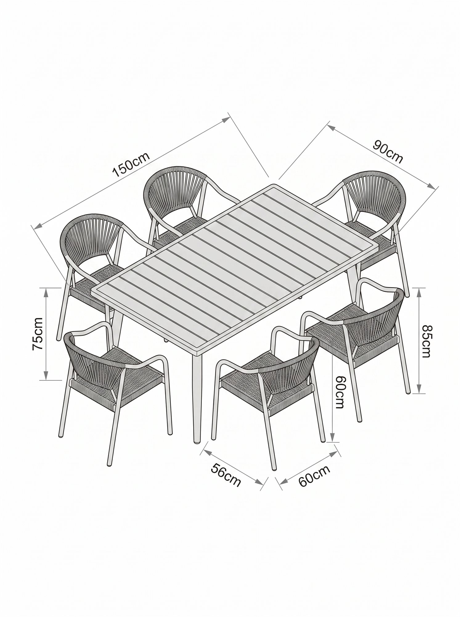 R-027 A158 3 قطع حبل ألومنيوم طقم بيسترو — رمادي داكن/رمادي فاتح (2 chairs + round table) - الصورة 5