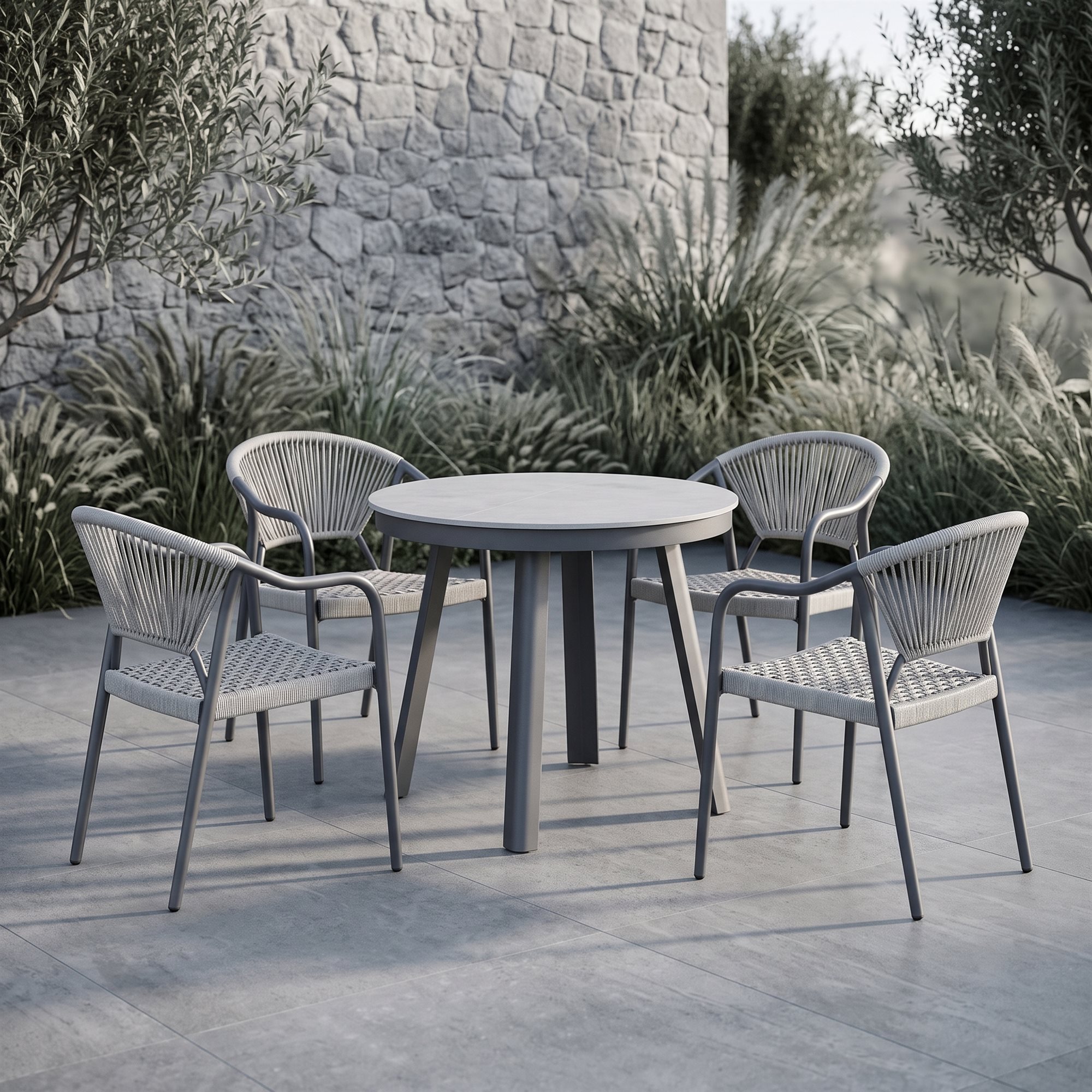 R-027 A158 3 قطع حبل ألومنيوم طقم بيسترو — رمادي داكن/رمادي فاتح (2 chairs + round table) - الصورة 6