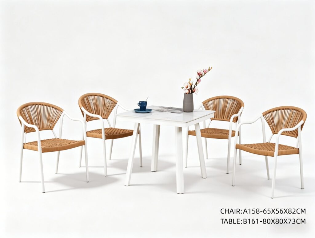 R-028 A158 5 قطع حبل ألومنيوم طقم بيسترو — أبيض/أسمر (4 chairs + square table)
