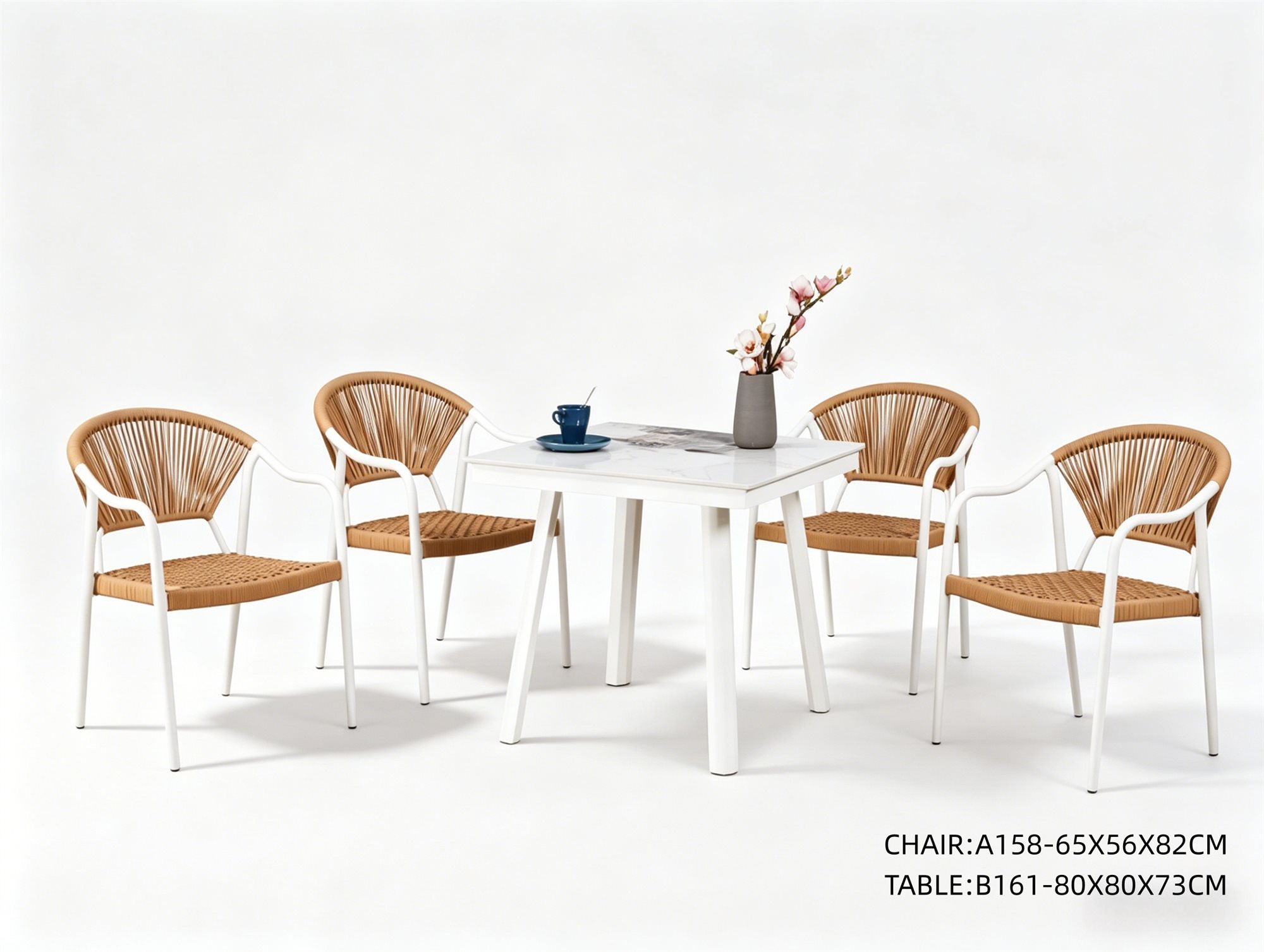 R-028 A158 5 قطع حبل ألومنيوم طقم بيسترو — أبيض/أسمر (4 chairs + square table)