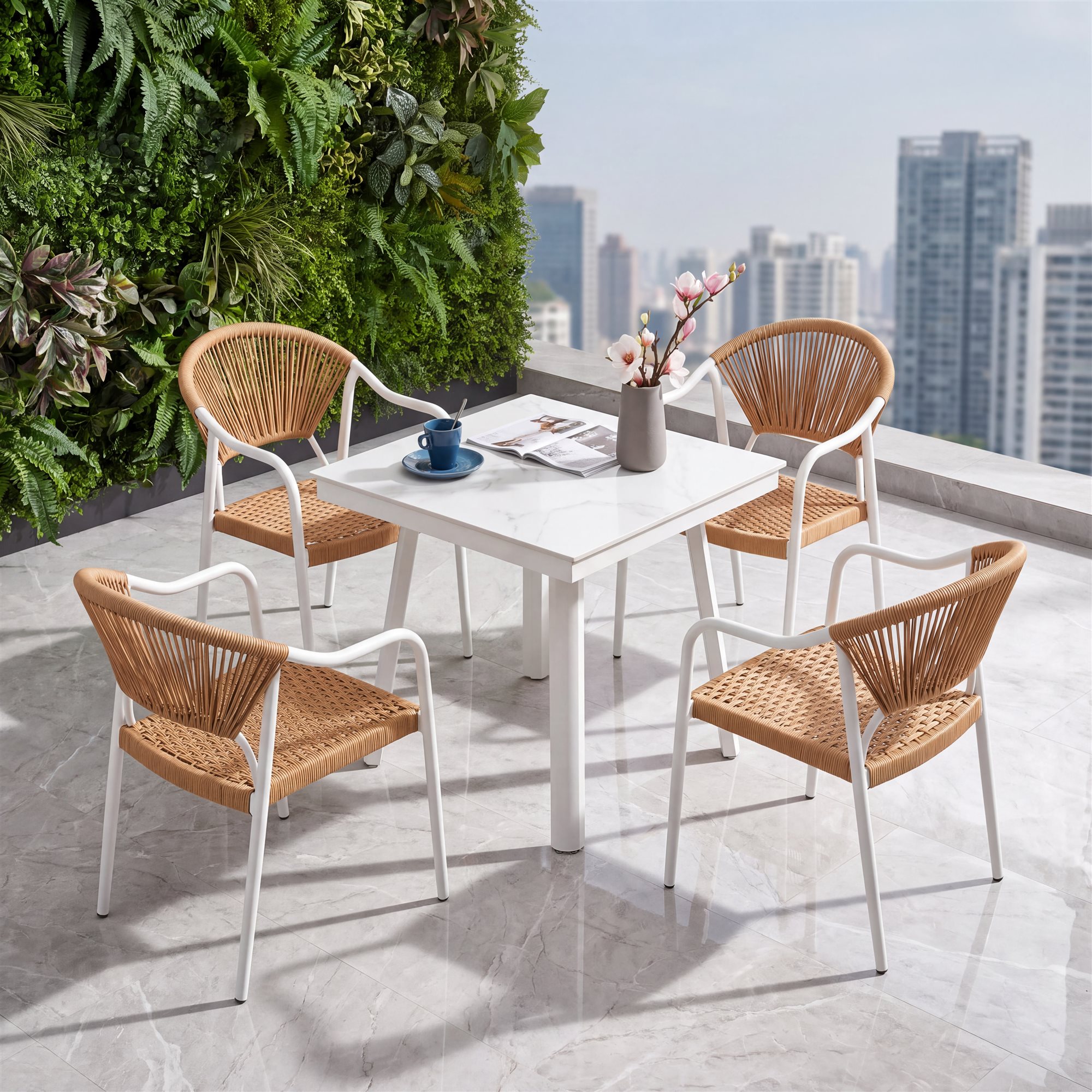 R-028 A158 5 قطع حبل ألومنيوم طقم بيسترو — أبيض/أسمر (4 chairs + square table) - الصورة 2