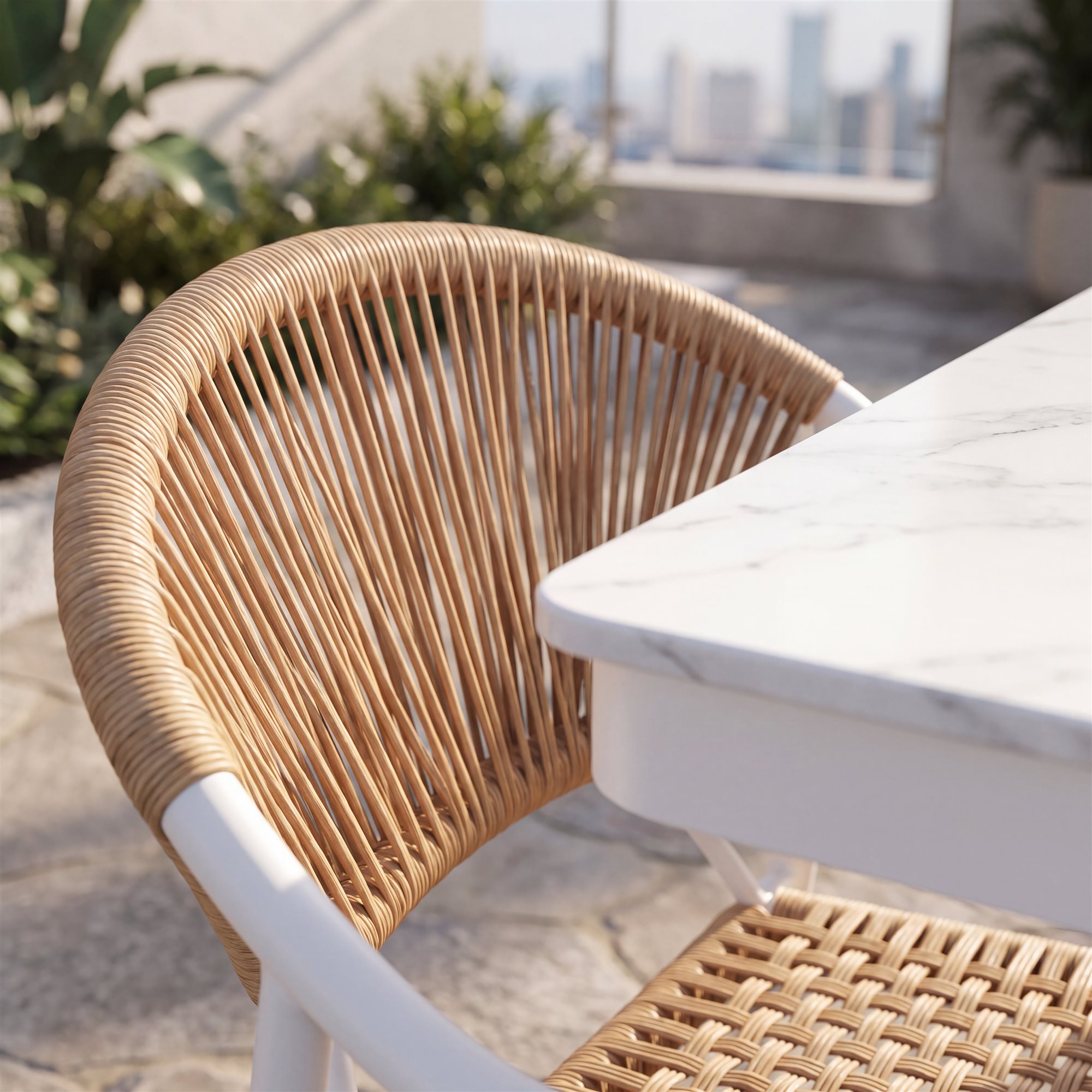R-028 A158 5 قطع حبل ألومنيوم طقم بيسترو — أبيض/أسمر (4 chairs + square table) - الصورة 4