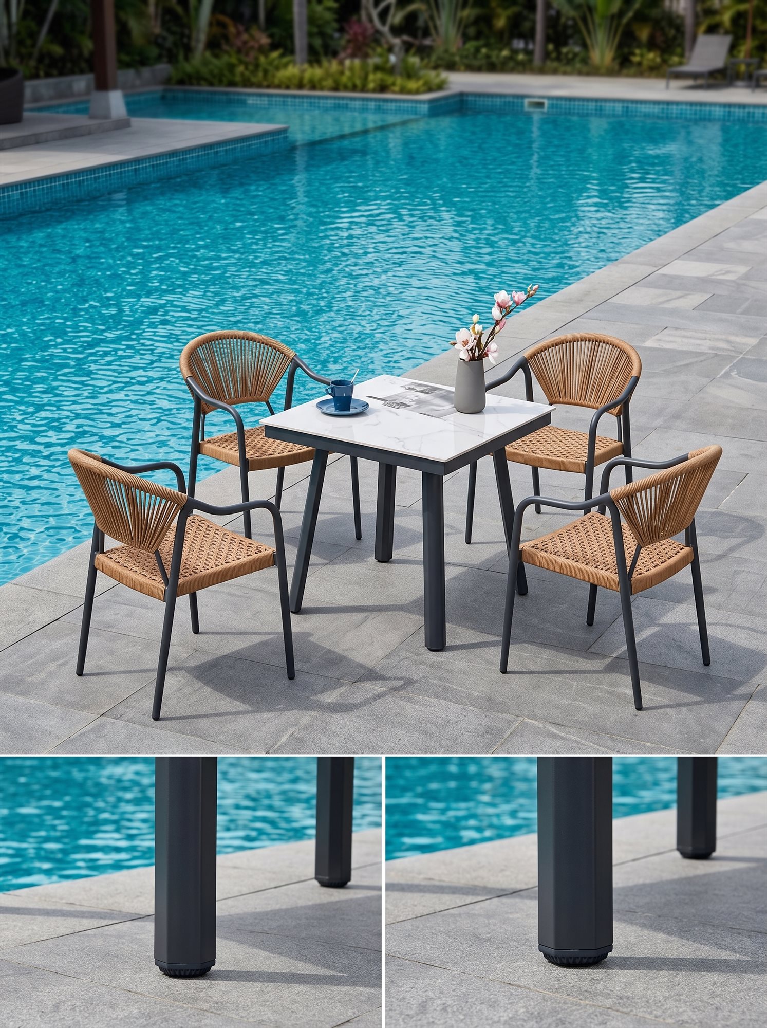 R-028 A158 5 قطع حبل ألومنيوم طقم بيسترو — أبيض/أسمر (4 chairs + square table) - الصورة 5