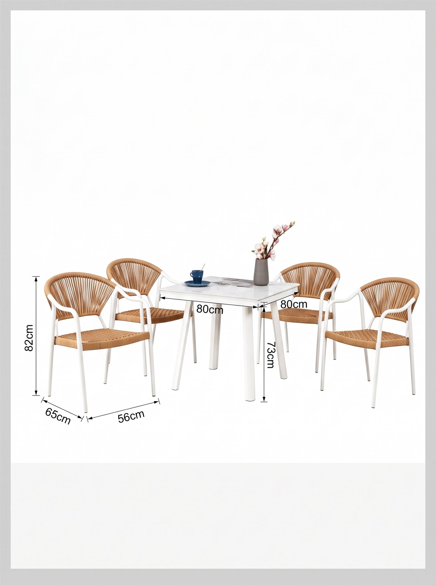 R-028 A158 5 قطع حبل ألومنيوم طقم بيسترو — أبيض/أسمر (4 chairs + square table) - الصورة 6
