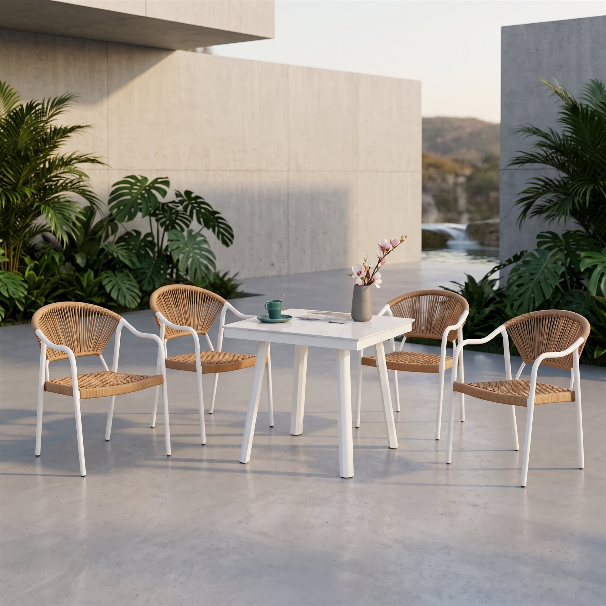 R-028 A158 5 قطع حبل ألومنيوم طقم بيسترو — أبيض/أسمر (4 chairs + square table) - الصورة 7