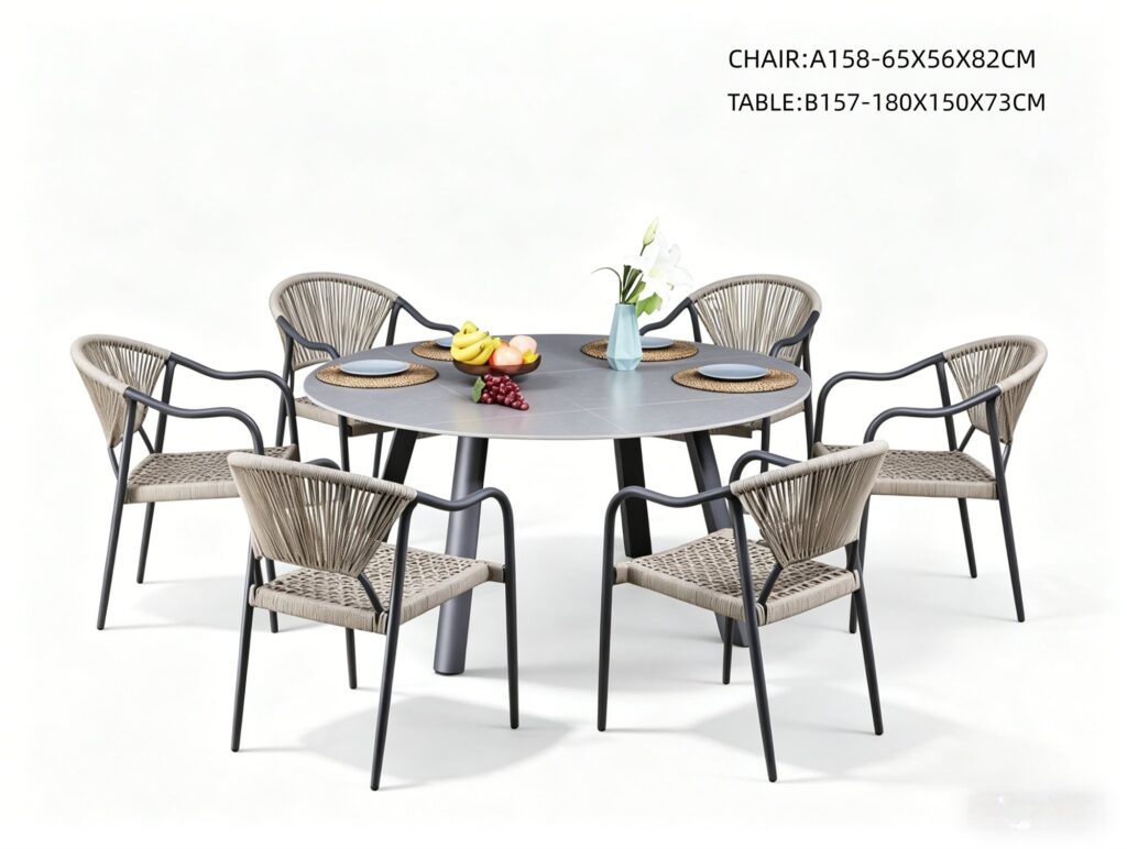 R-029 A168 7-Piece Aluminum Rope Dining Set — Black/Beige (6 chairs + round table)