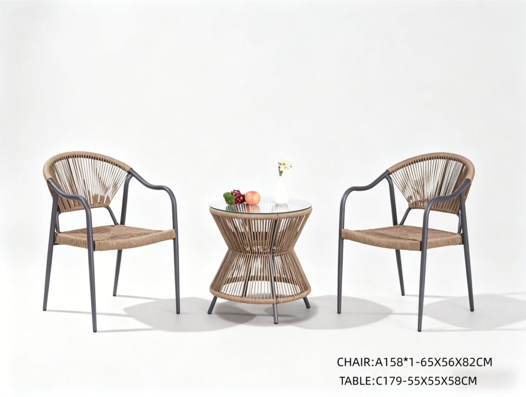 R-030 A158 3 قطع حبل ألومنيوم طقم بيسترو — رمادي داكن/أسمر (2 chairs + hourglass side table)