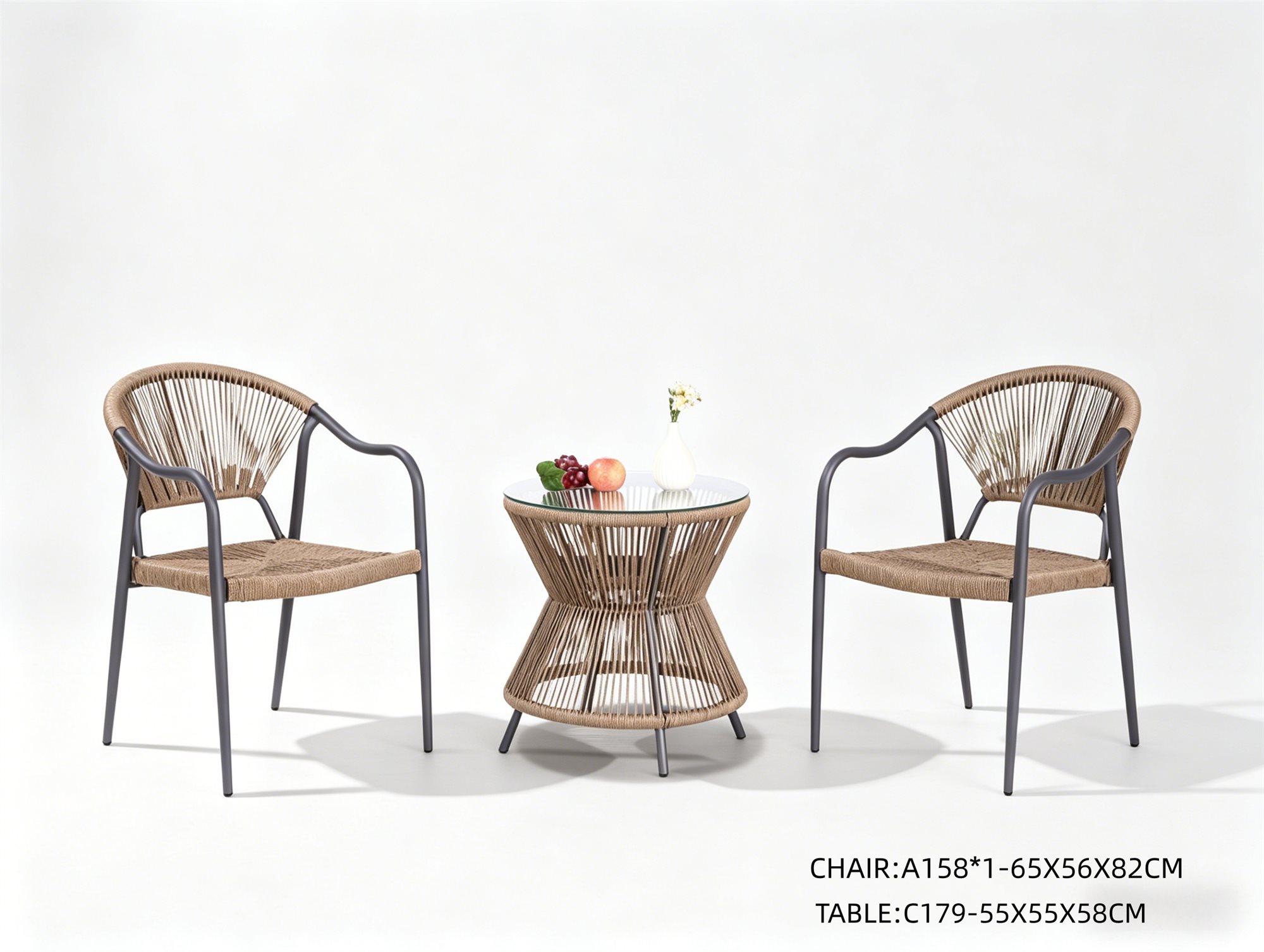 R-030 A158 3 قطع حبل ألومنيوم طقم بيسترو — رمادي داكن/أسمر (2 chairs + hourglass side table)