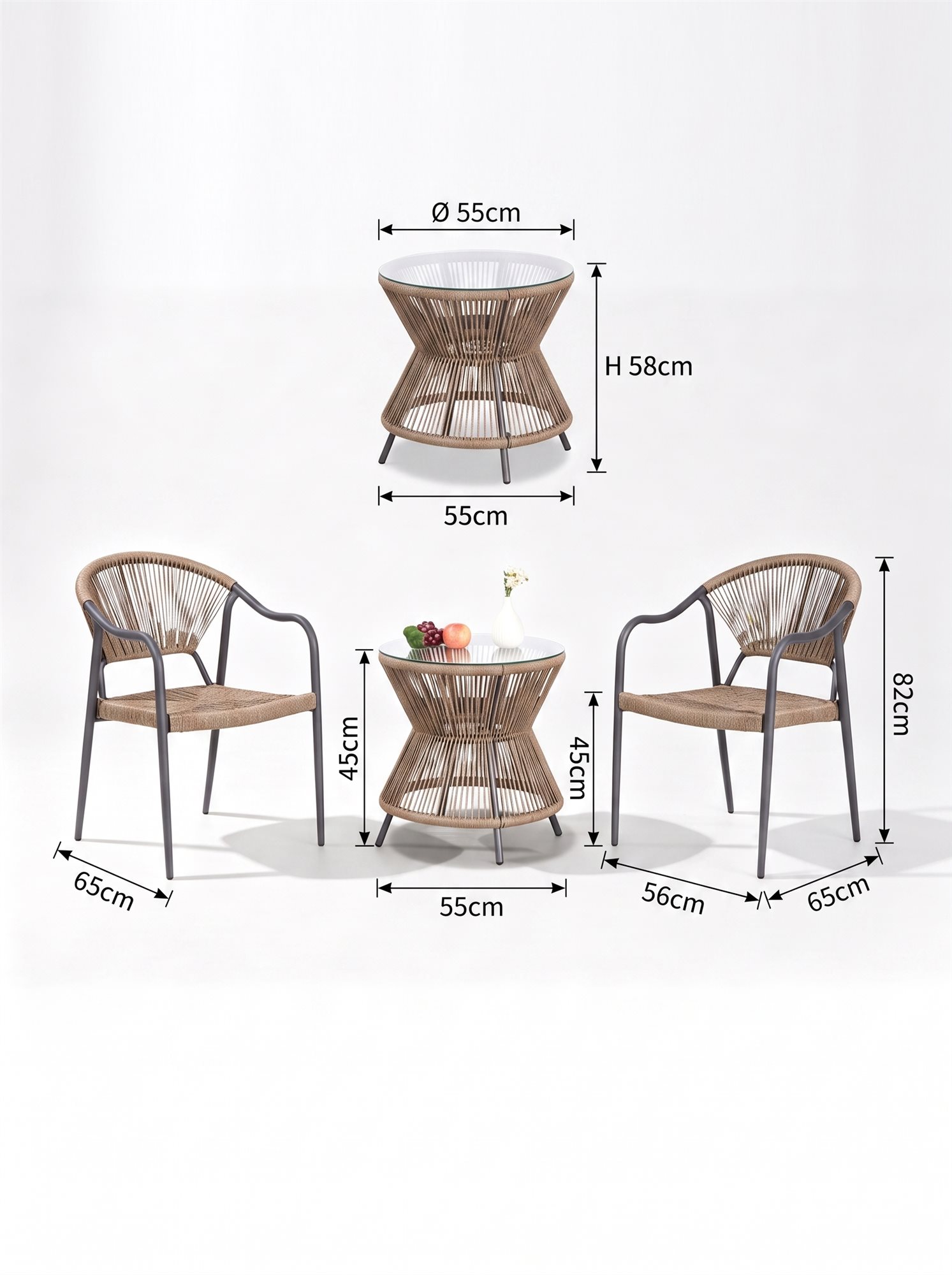 R-030 A158 3 قطع حبل ألومنيوم طقم بيسترو — رمادي داكن/أسمر (2 chairs + hourglass side table) - الصورة 6