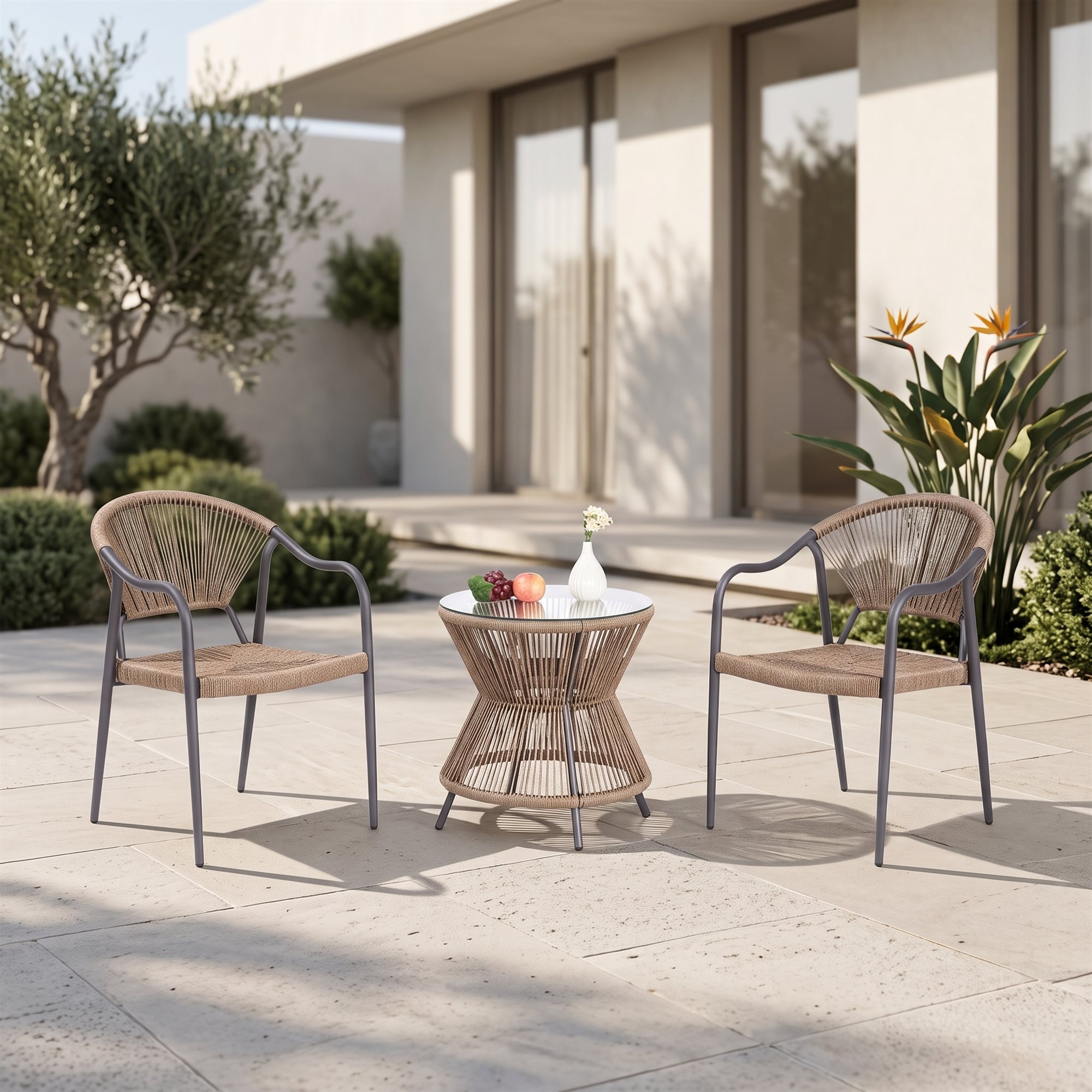 R-030 A158 3 قطع حبل ألومنيوم طقم بيسترو — رمادي داكن/أسمر (2 chairs + hourglass side table) - الصورة 7