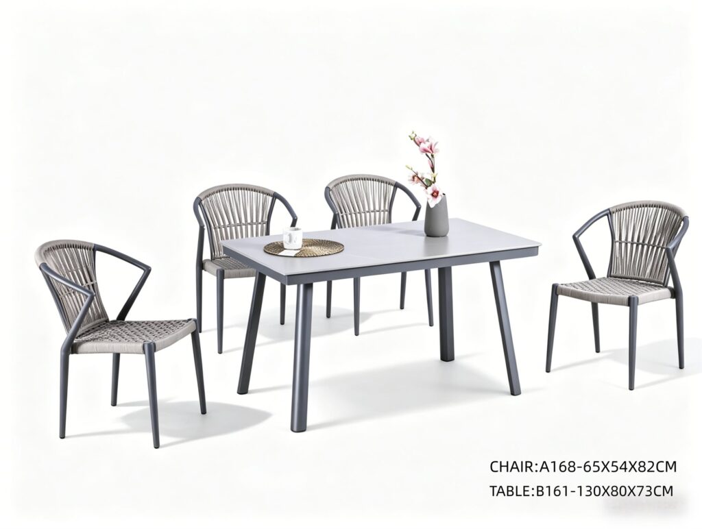 R-031 A168 5-Piece Aluminum Rope Dining Set — Dark Gray/Gray (4 chairs + rectangular table)
