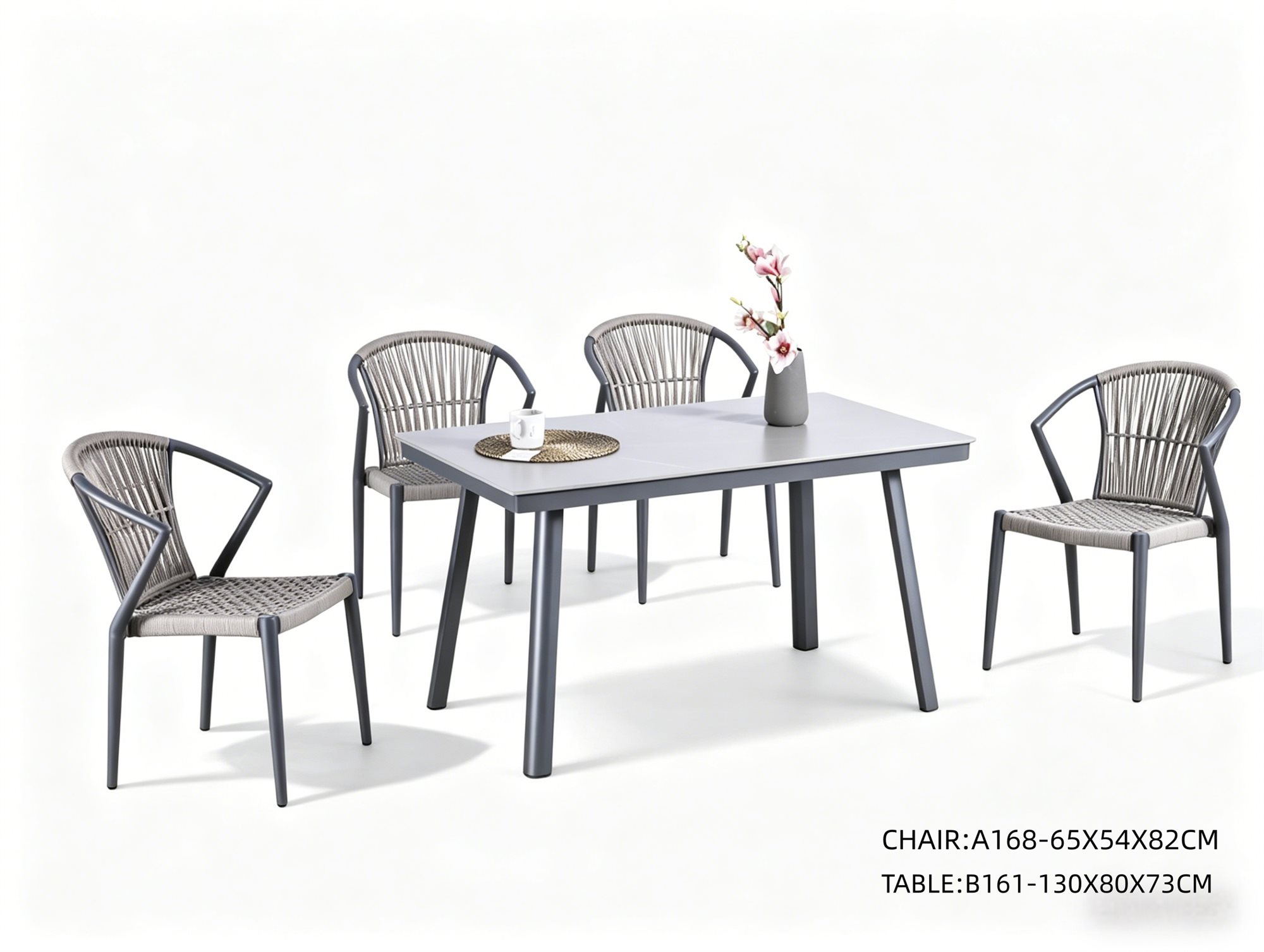 R-031 A168 5 قطع حبل ألومنيوم طقم طعام — رمادي داكن/رمادي (4 chairs + rectangular table)