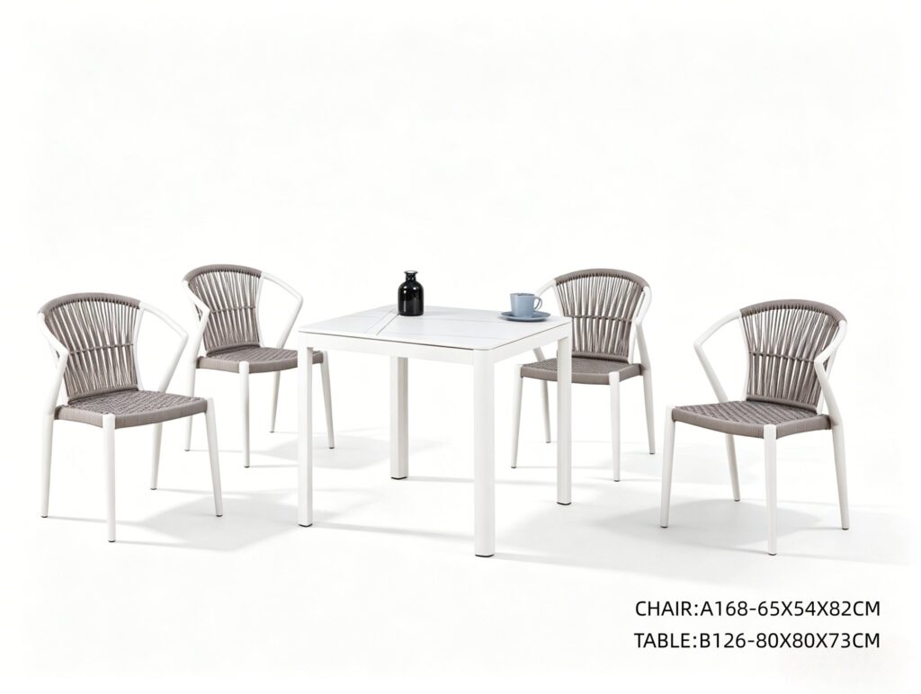 R-032 A168 5-Piece Aluminum Rope Bistro Set — White/Gray (4 chairs + square table)