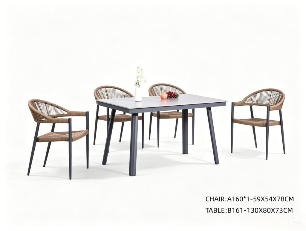 R-033 A160 5 قطع حبل ألومنيوم طقم طعام — رمادي داكن/طبيعي (4 كرسي بذراعينs + rectangular table)