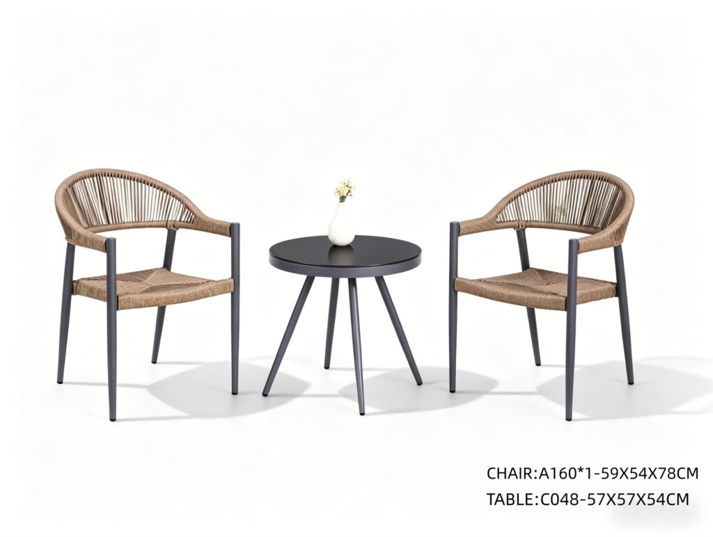 R-034 A160 3-Piece Aluminum Rope Bistro Set — Black/Natural (2 armchairs + round side table)