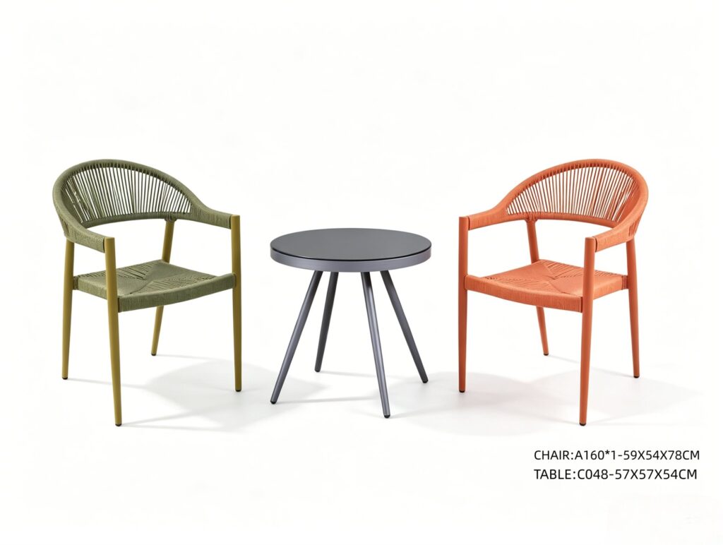 R-035 A160 3-Piece Aluminum Rope Bistro Set — Multicolor (2 chairs + round side table)