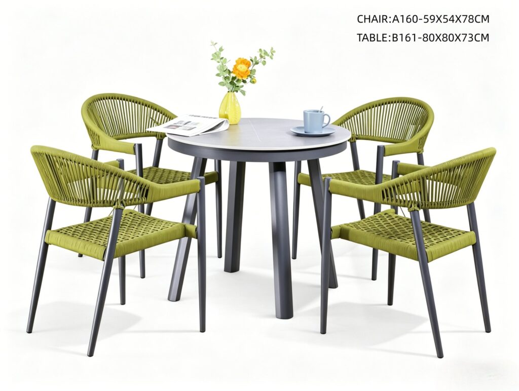 R-036 A160 5-Piece Aluminum Rope Dining Set — Dark Gray/Olive (4 armchairs + round table)