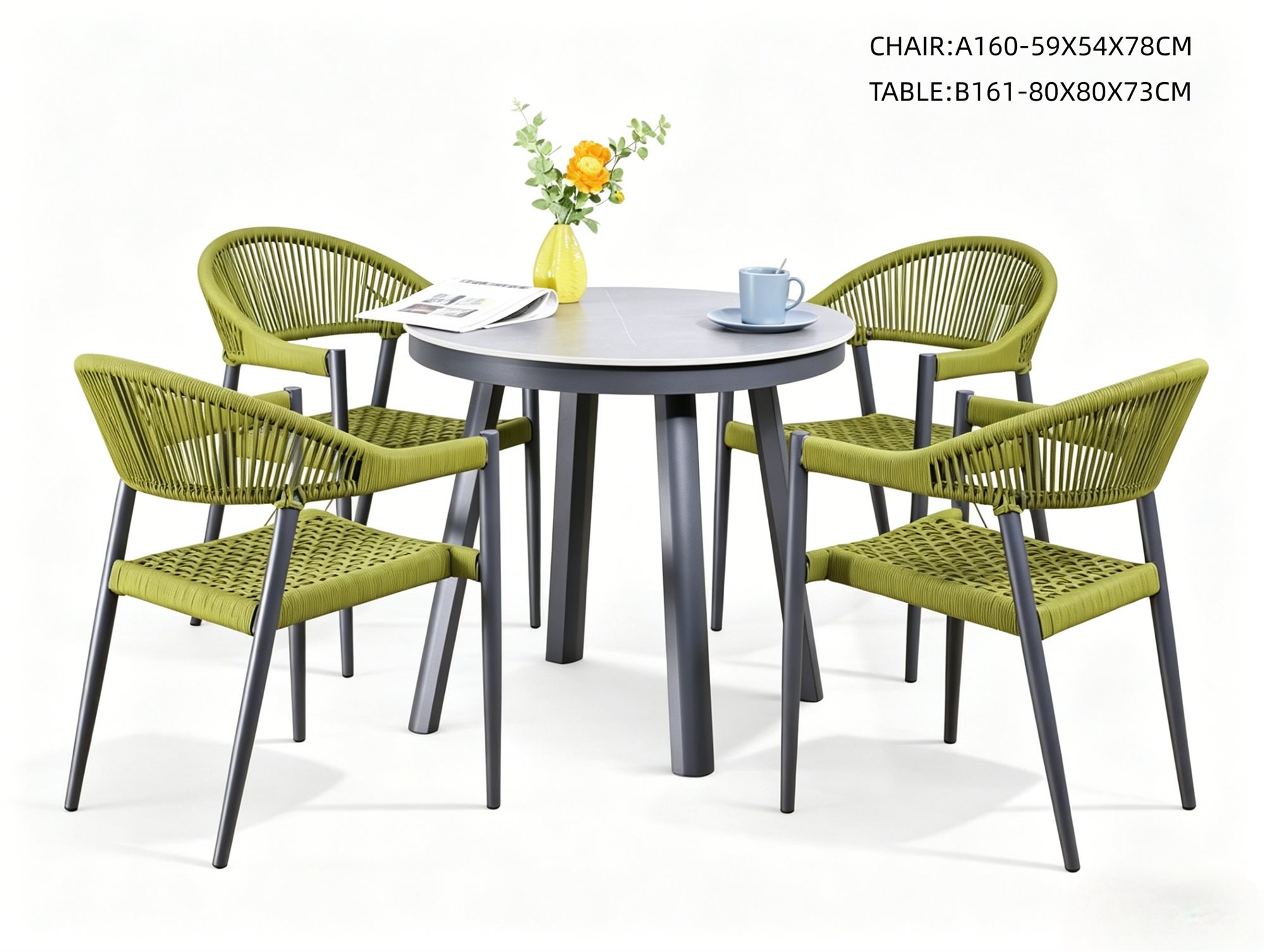 R-036 A160 5-Piece Aluminum Rope Dining Set — Dark Gray/Olive (4 armchairs + round table)