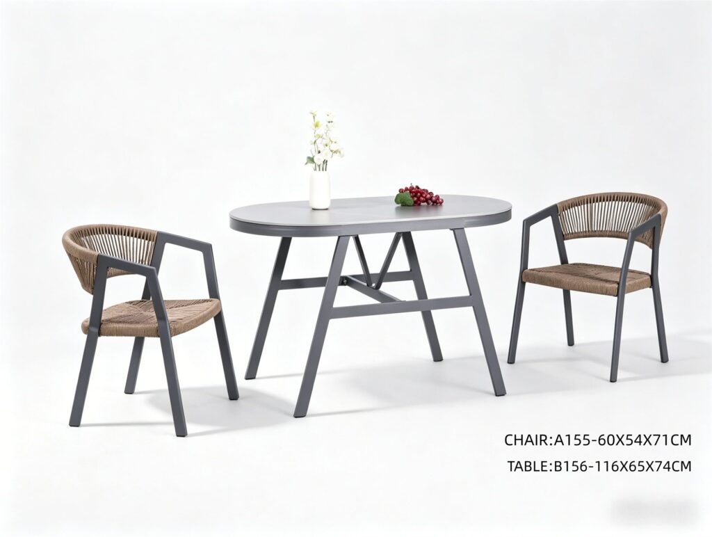 R-037 A155 3-Piece Aluminum Rope Bistro Set — Dark Gray/Brown (2 armchairs + oval table)