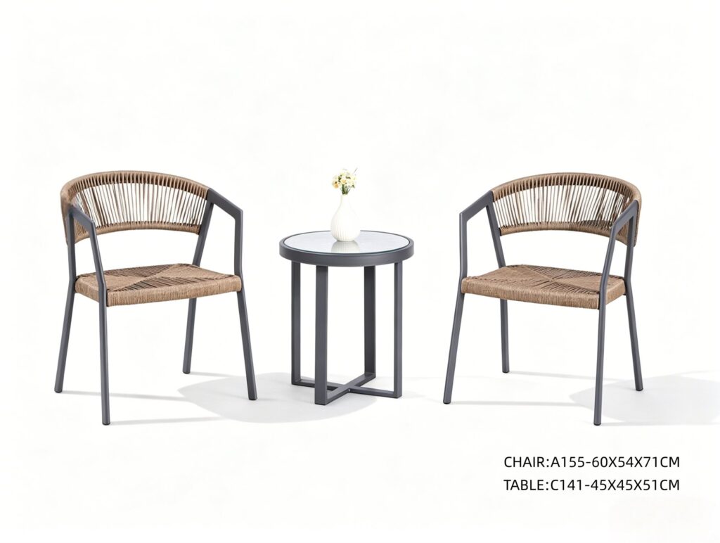 R-038 A155 3-Piece Aluminum Rope Bistro Set — Dark Gray/Brown (2 armchairs + square side table)