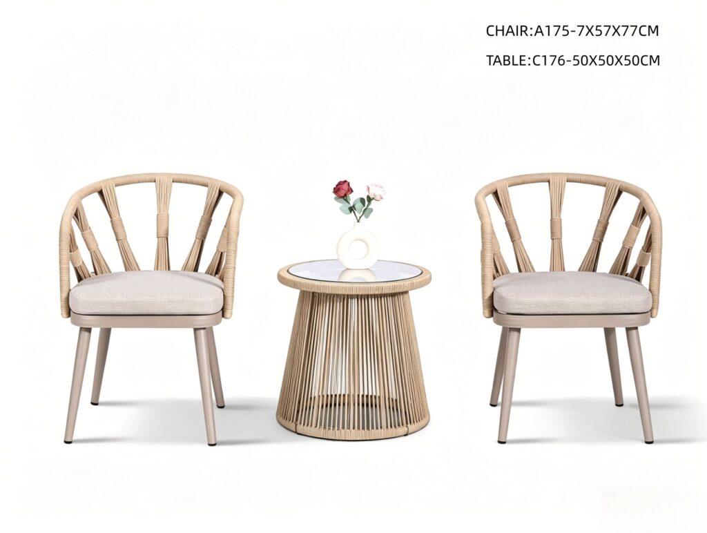 R-039 A175 3 قطع حبل ألومنيوم طقم بيسترو — شمبانيا/بيج (2 chairs + glass-top side table)