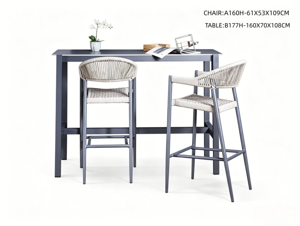 R-040 A160 3-Piece Aluminum Rope Bar Set — Dark Gray/Light Gray (2 Bar Stools + Bar Table)