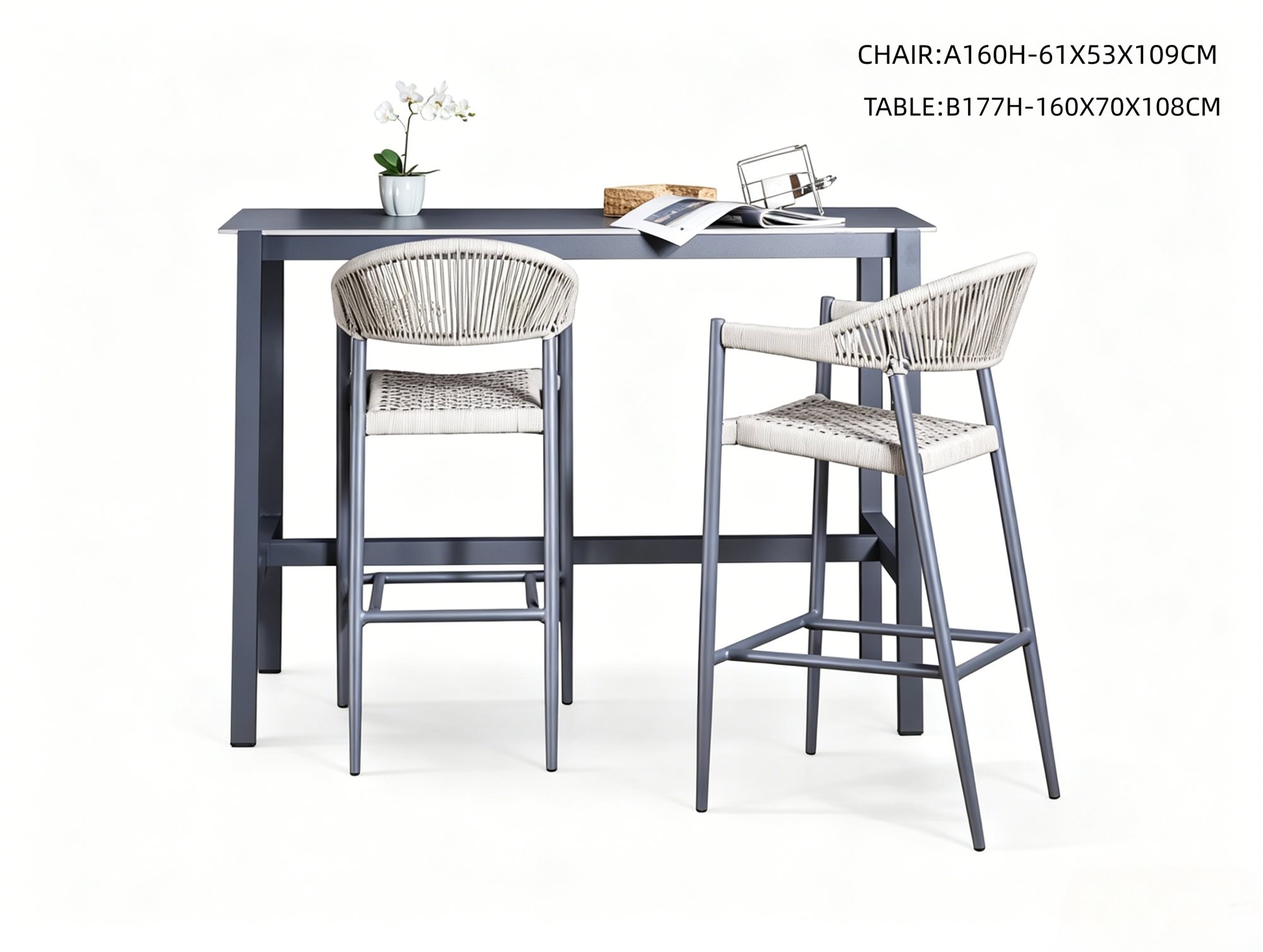 R-040 A160 3-Piece Aluminum Rope Bar Set — Dark Gray/Light Gray (2 Bar Stools + Bar Table)